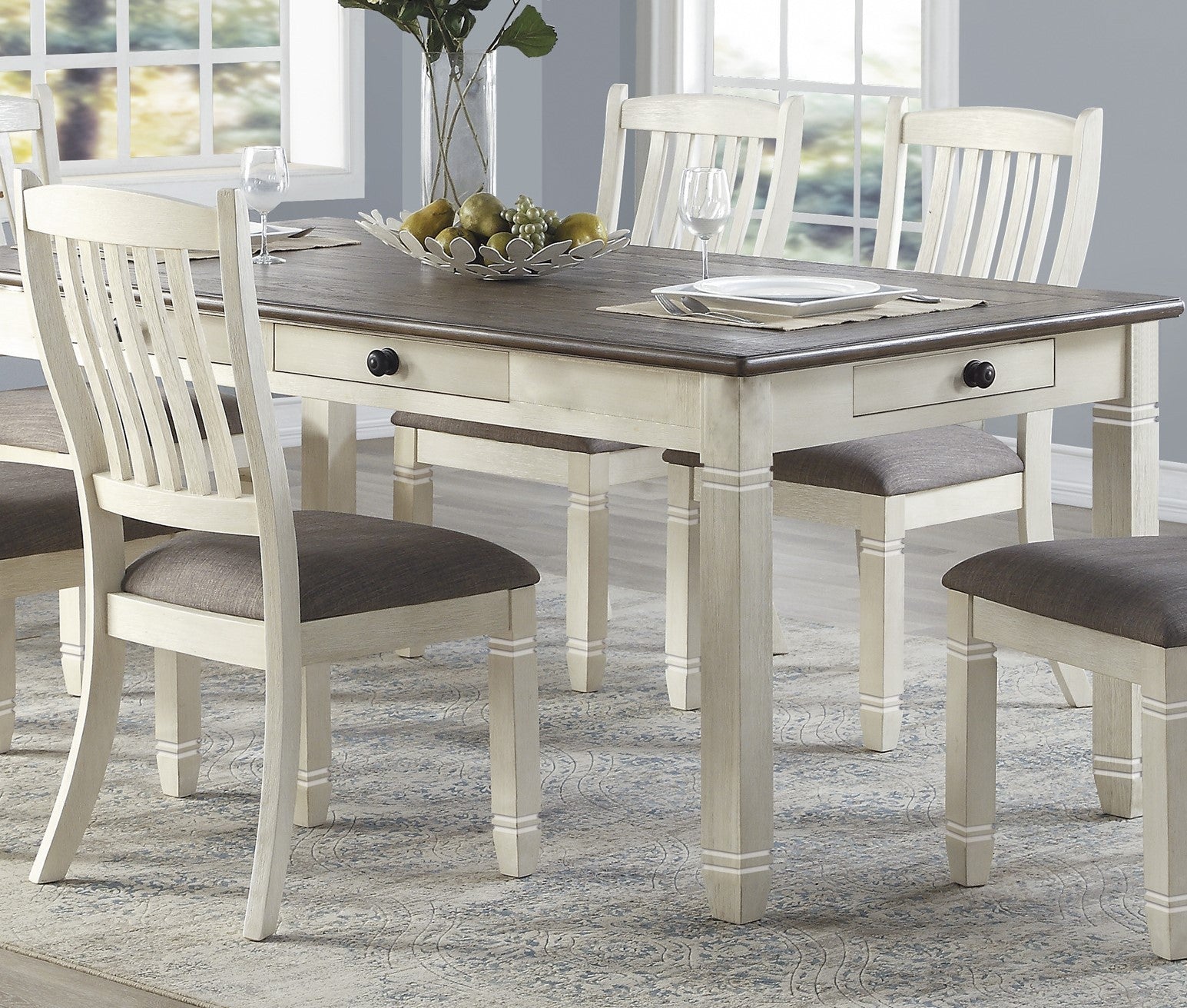 Antique White Finish Dining 5Pc Set Table With 6X Drawers And 4X Side Chairs Upholstered Seats Casual Style Dining Room Furniture Wood Antique White Seats 4 Wood Dining Room Rectangular Dining Table With Chair Wood