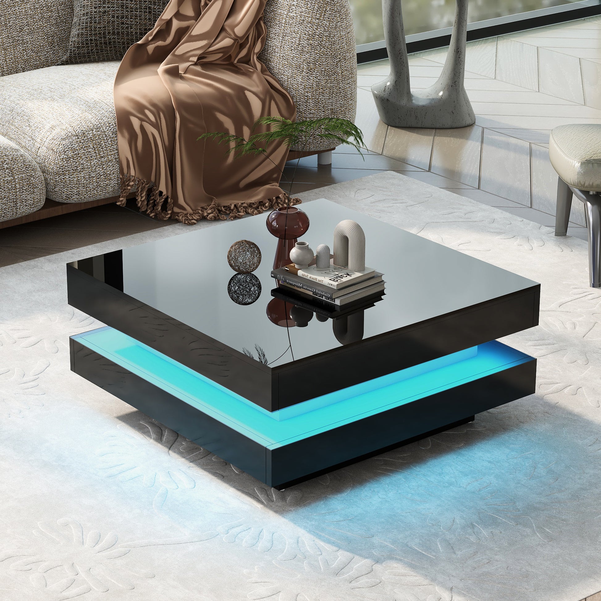 High Gloss Minimalist Design With Led Lights, 2 Tier Square Coffee Table, Center Table For Living Room, 31.5''X31.5''X14.2'',Black Black Particle Board