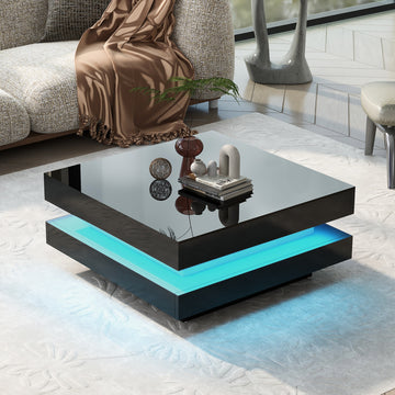 High Gloss Minimalist Design With Led Lights, 2 Tier Square Coffee Table, Center Table For Living Room, 31.5''X31.5''X14.2'',Black Black Particle Board