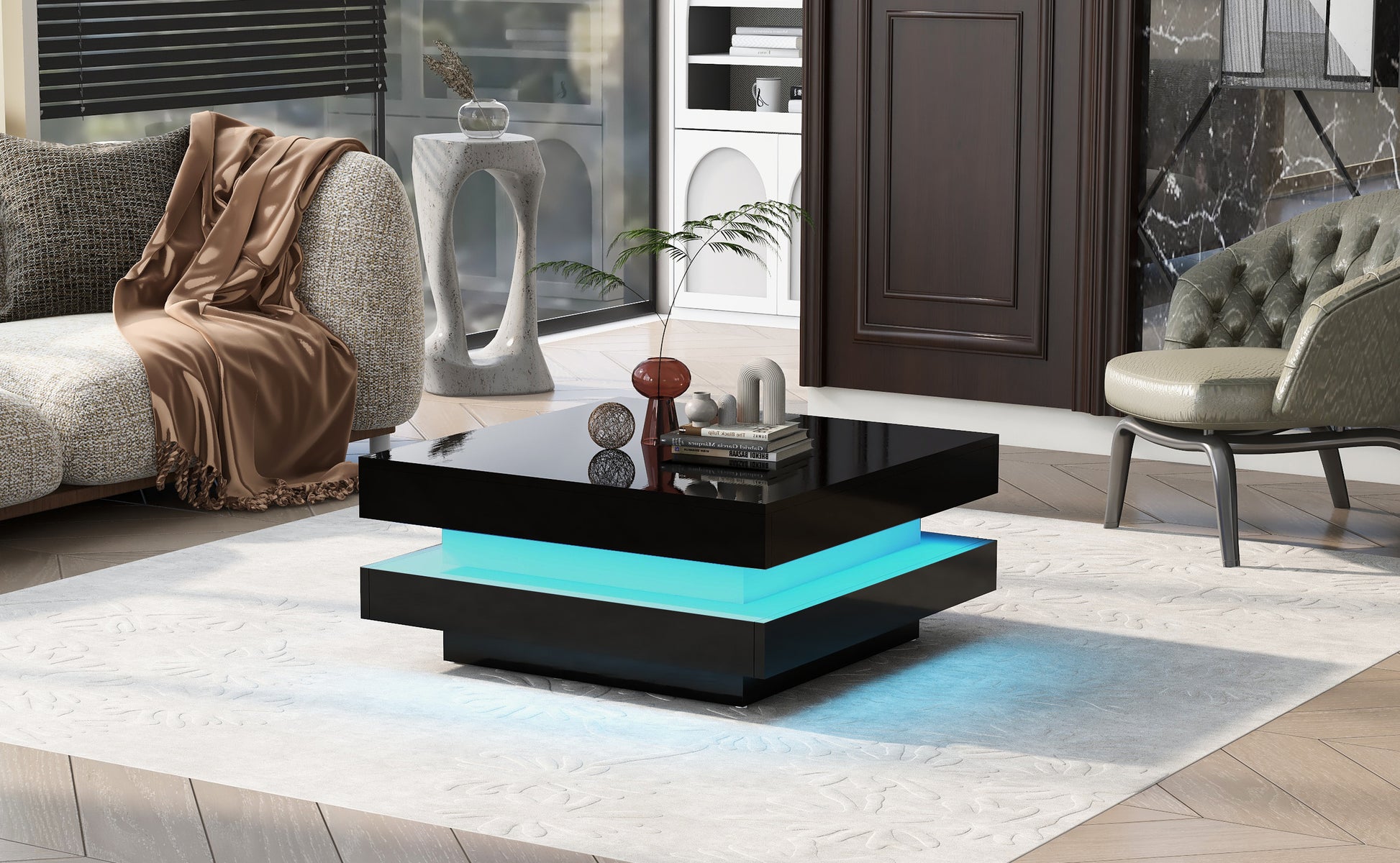 High Gloss Minimalist Design With Led Lights, 2 Tier Square Coffee Table, Center Table For Living Room, 31.5''X31.5''X14.2'',Black Black Particle Board
