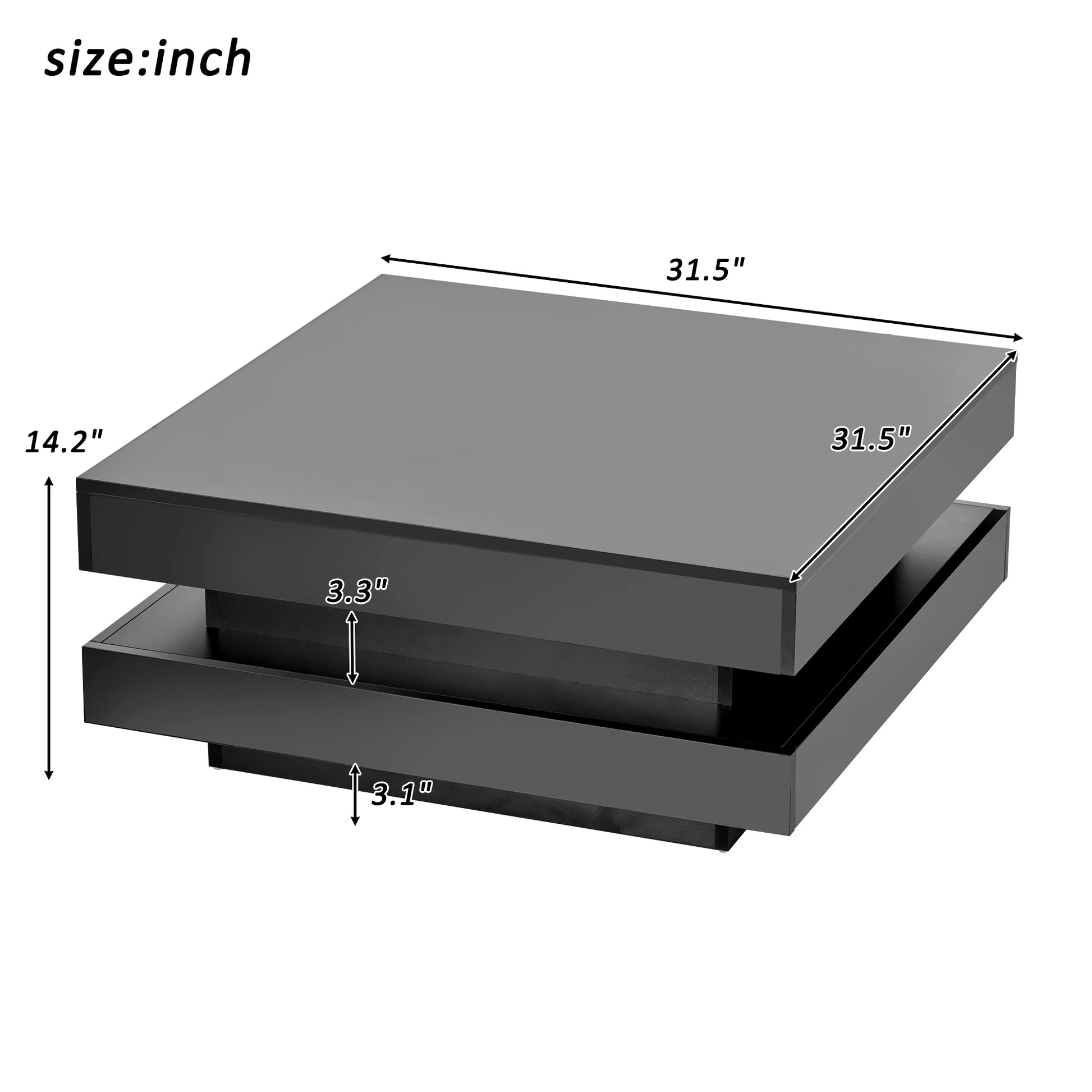 High Gloss Minimalist Design With Led Lights, 2 Tier Square Coffee Table, Center Table For Living Room, 31.5''X31.5''X14.2'',Black Black Particle Board