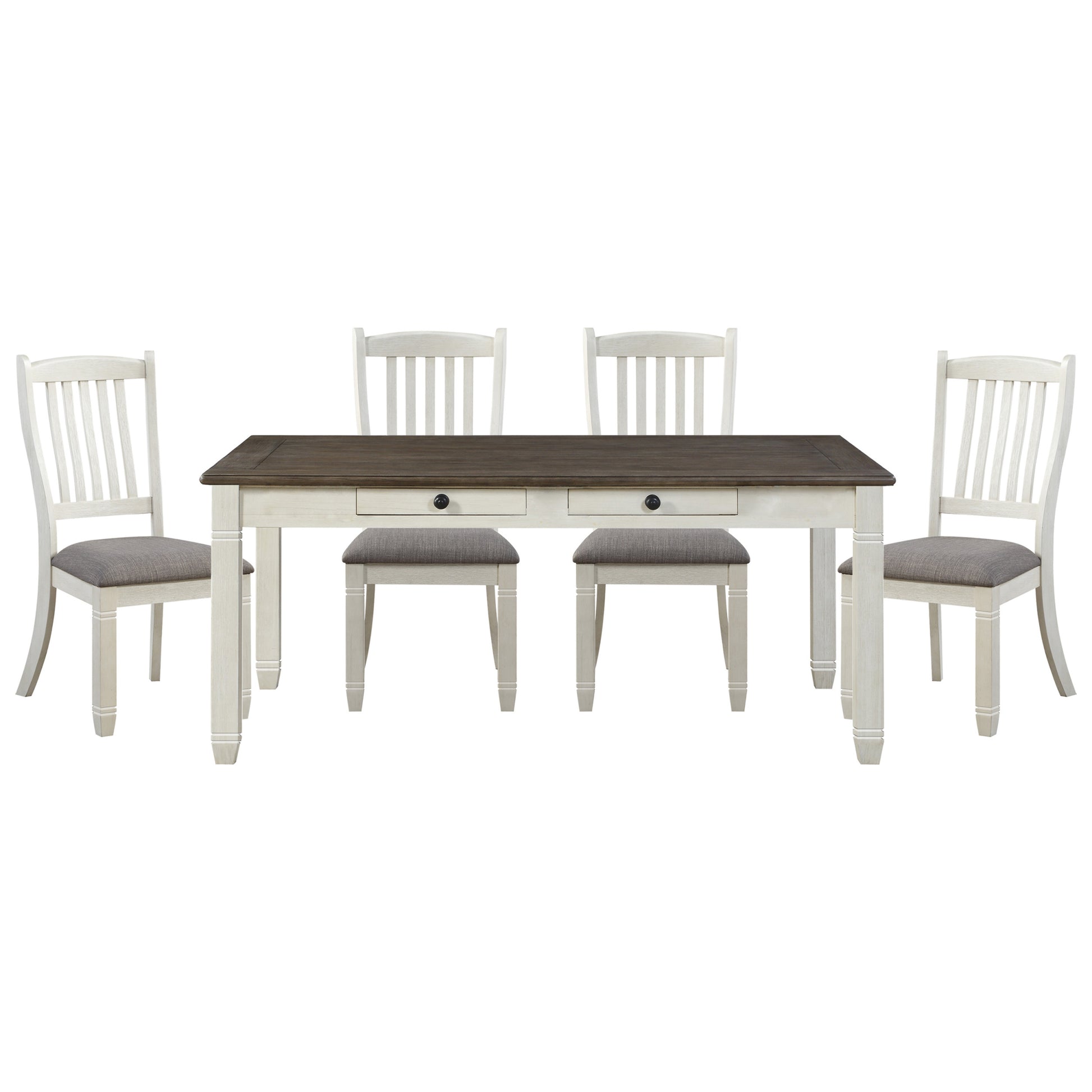 Antique White Finish Dining 5Pc Set Table With 6X Drawers And 4X Side Chairs Upholstered Seats Casual Style Dining Room Furniture Wood Antique White Seats 4 Wood Dining Room Rectangular Dining Table With Chair Wood