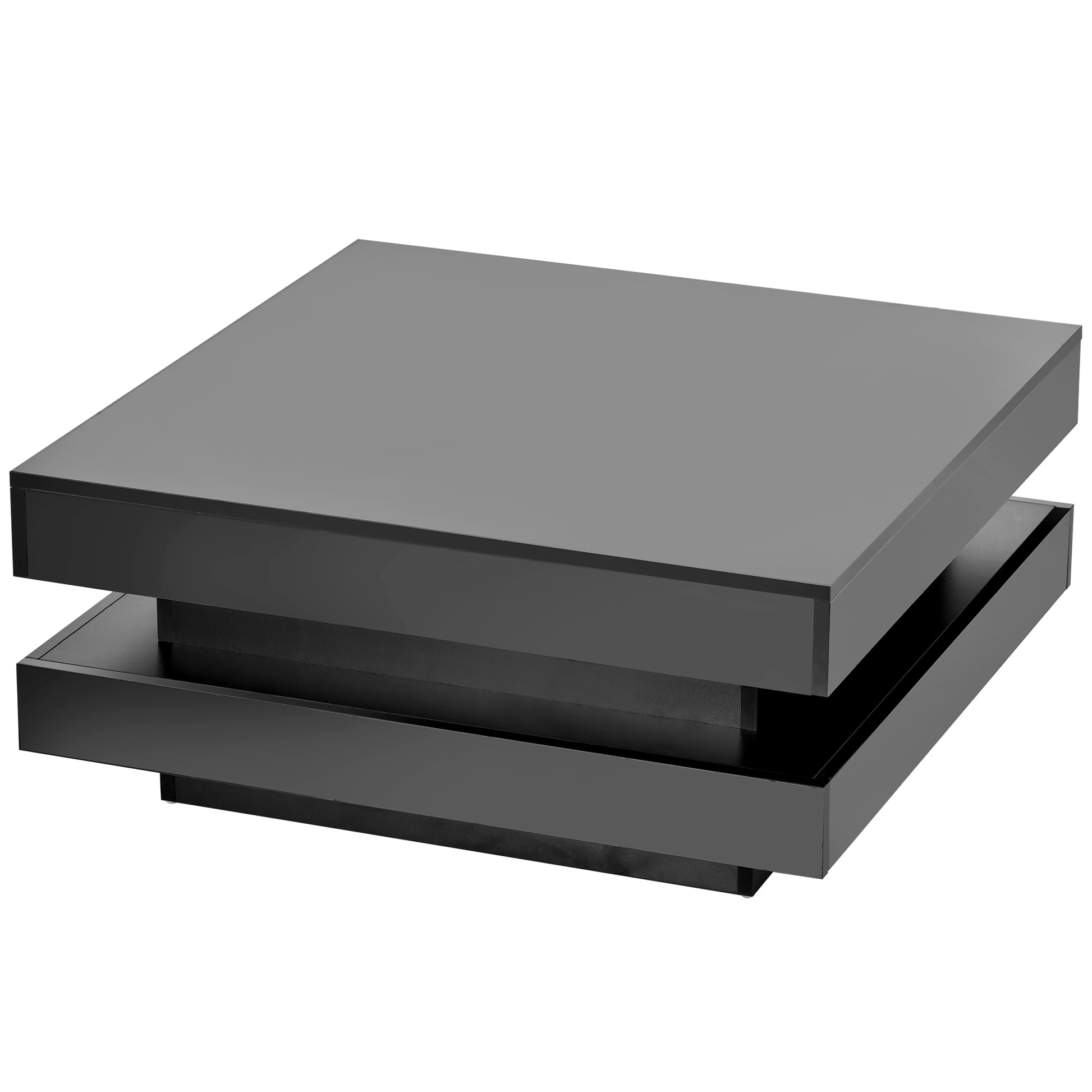 High Gloss Minimalist Design With Led Lights, 2 Tier Square Coffee Table, Center Table For Living Room, 31.5''X31.5''X14.2'',Black Black Particle Board