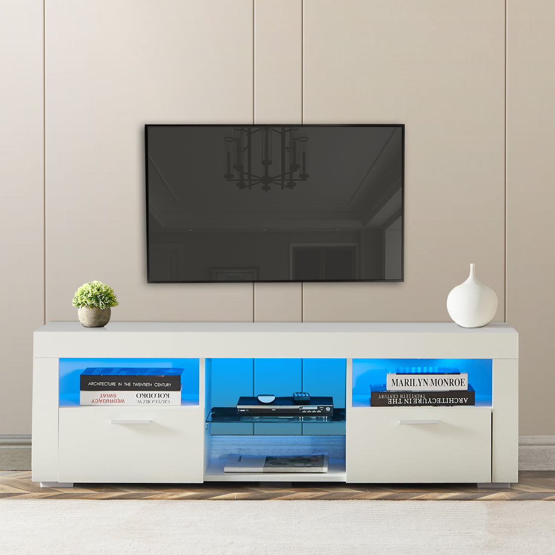 White Morden Tv Stand With Led Lights,High Glossy Front Tv Cabinet,Can Be Assembled In Lounge Room, Living Room Or Bedroom,Color:White White Primary Living Space 50 59 Inches 50 59 Inches Classic 60 Inches Foam Particle Board