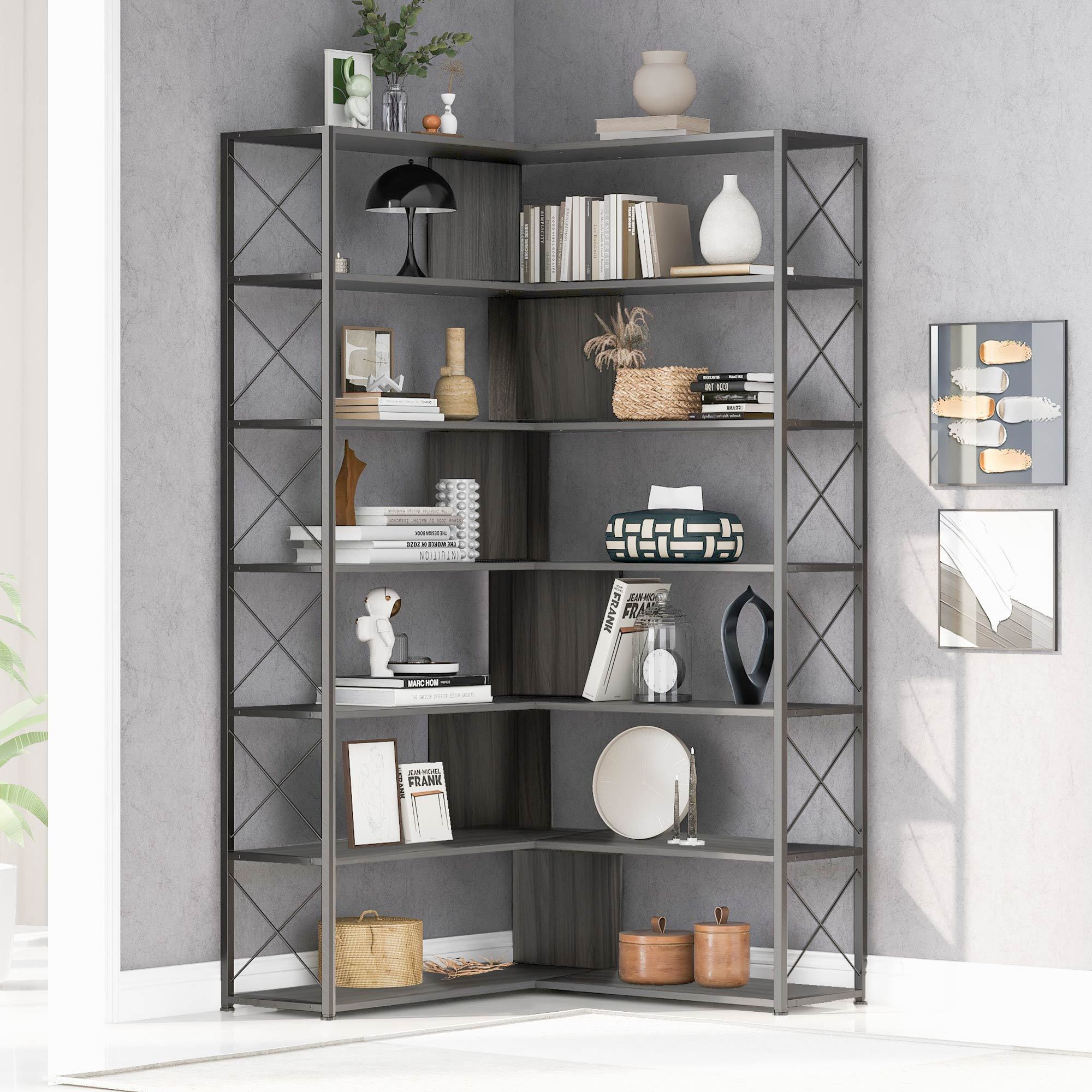 Silver Grey 7 Tier Bookcase Home Office Bookshelf, L Shaped Corner Bookcase With Metal Frame, Industrial Style Shelf With Open Storage, Mdf Board Silver Grey Mdf