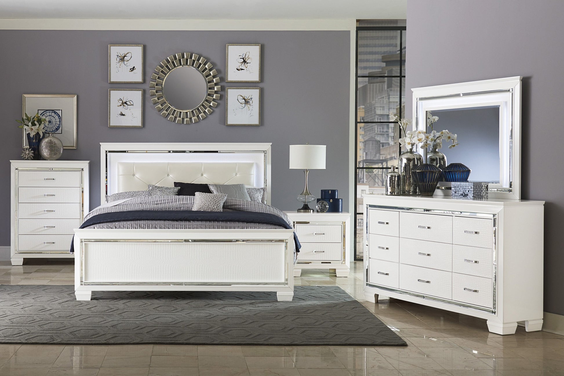 White Finish Dresser Bold Design 9 Drawers Glamorous Faux Alligator Textured Fronts Wooden Bedroom Furniture White Bedroom Contemporary,Glam,Modern Wood