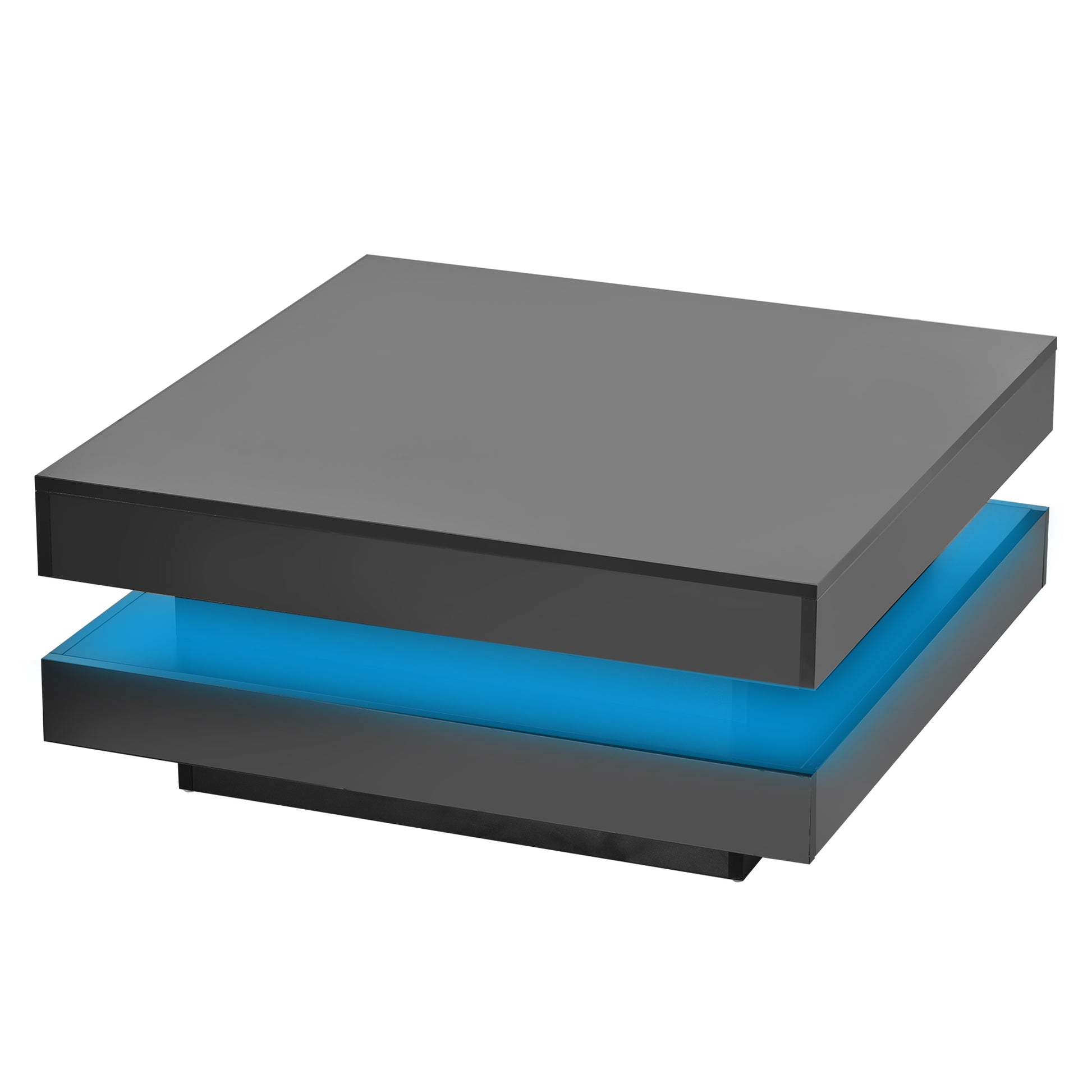 High Gloss Minimalist Design With Led Lights, 2 Tier Square Coffee Table, Center Table For Living Room, 31.5''X31.5''X14.2'',Black Black Particle Board
