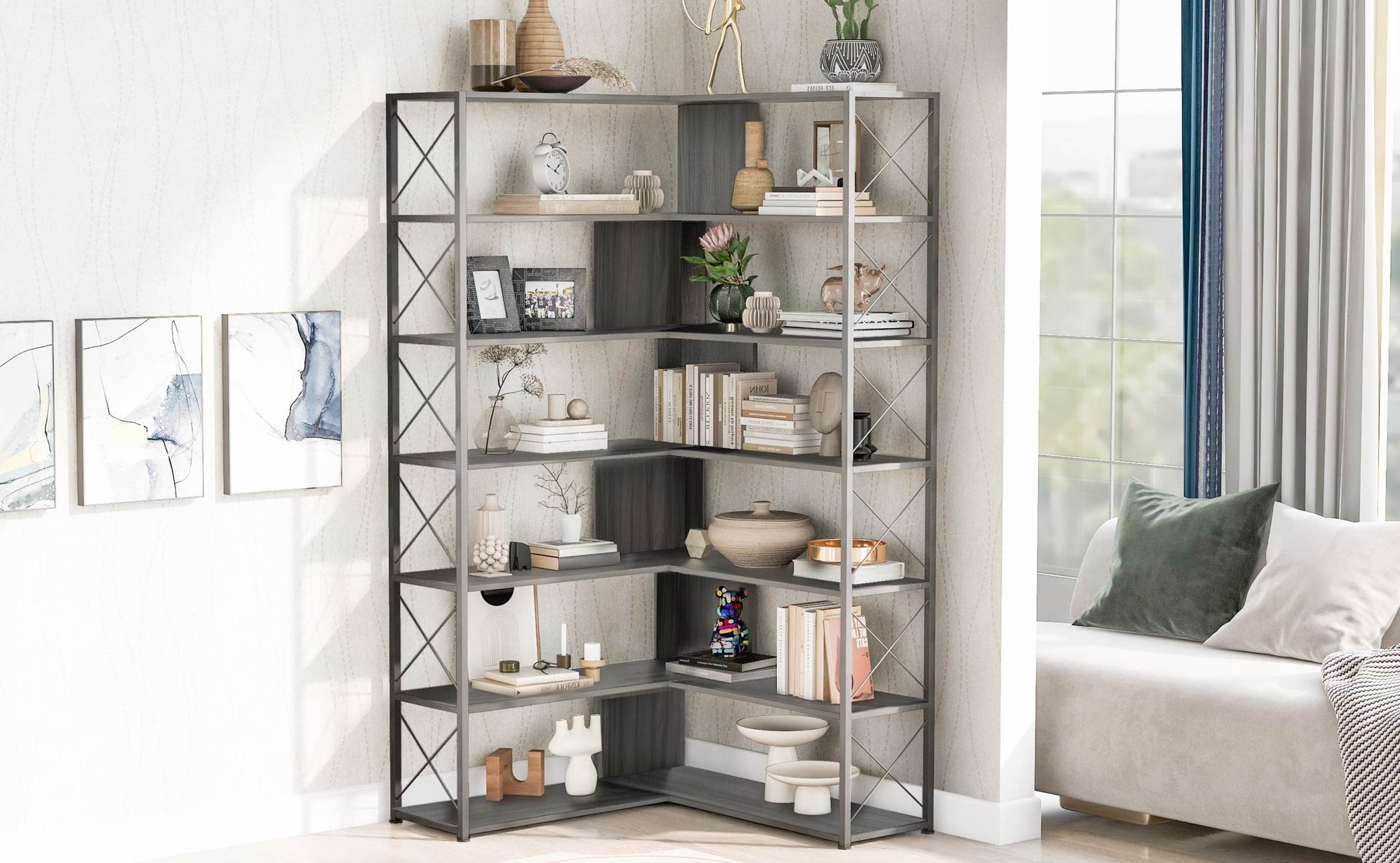 Silver Grey 7 Tier Bookcase Home Office Bookshelf, L Shaped Corner Bookcase With Metal Frame, Industrial Style Shelf With Open Storage, Mdf Board Silver Grey Mdf