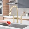 Double Handle Bridge Kitchen Faucet With Pull Down Spray Head Brushed Gold Stainless Steel