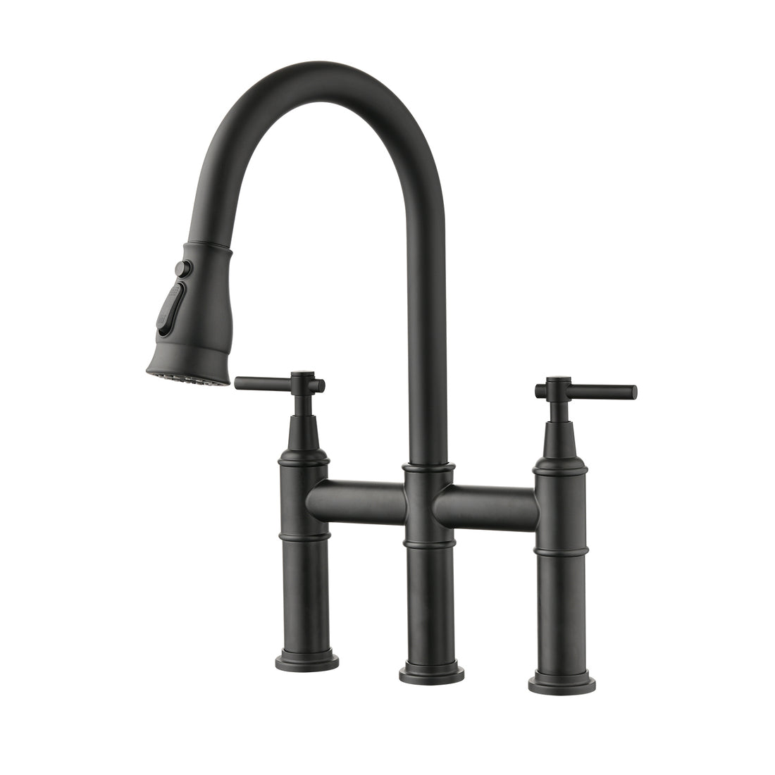 Double Handle Bridge Kitchen Faucet With Pull Down Spray Head Matte Black Stainless Steel