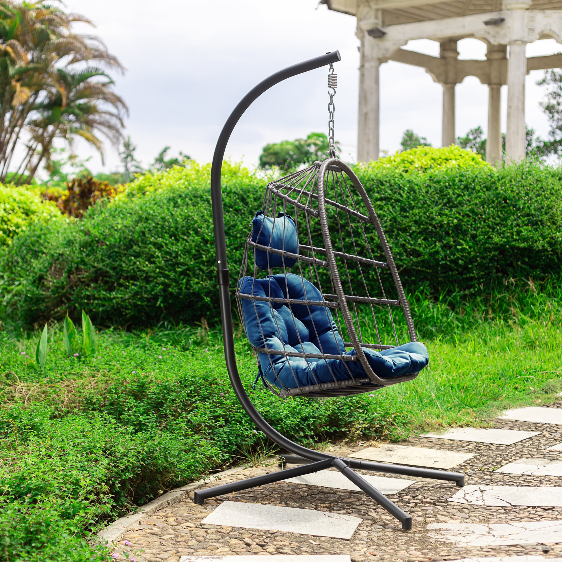 Outdoor Patio Wicker Hanging Chair Swing Chair Patio Egg Chair Uv Resistant Dark Blue Cushion Aluminum Frame Dark Grey Aluminum