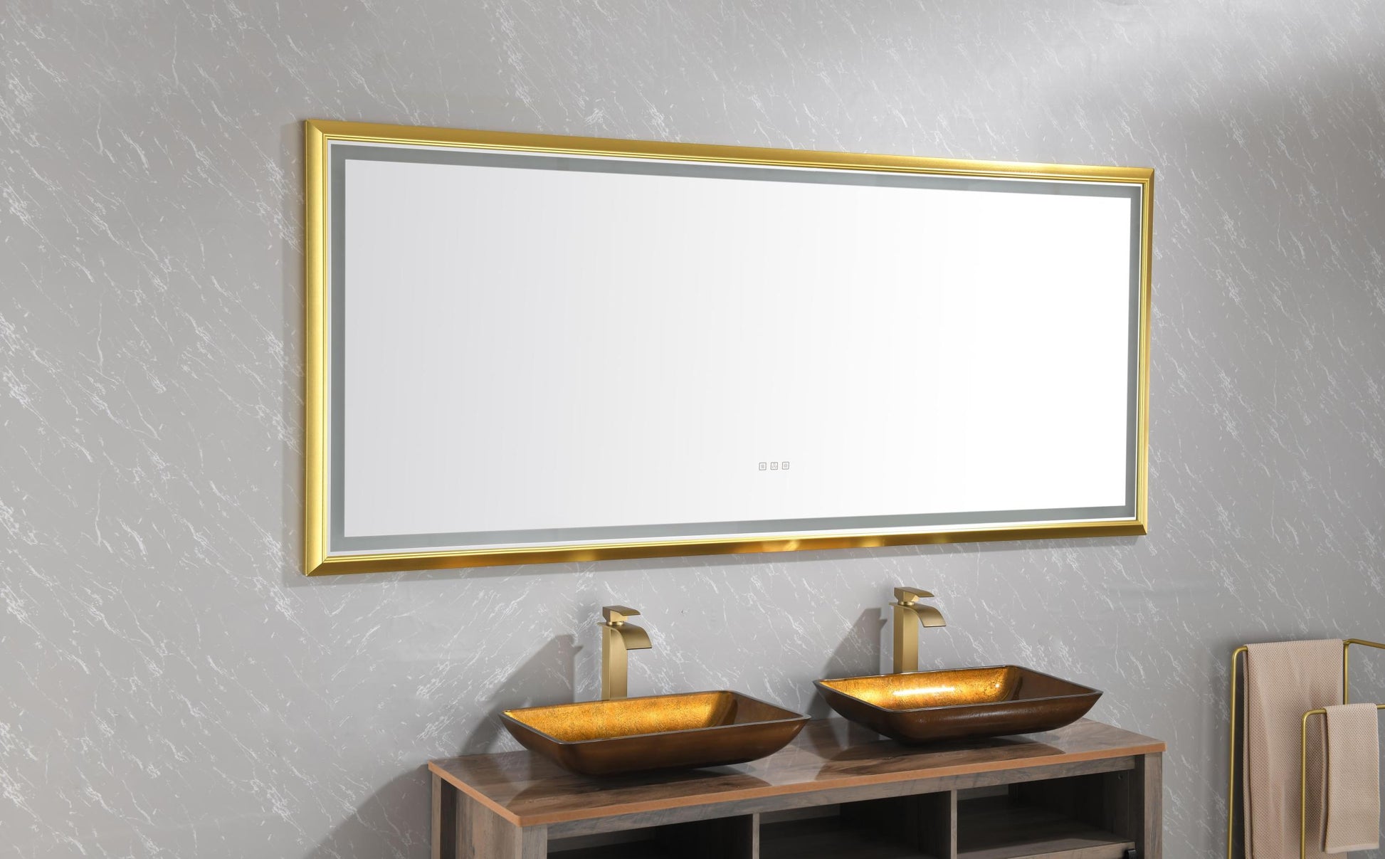 96In. W X 48 In. H Led Lighted Bathroom Wall Mounted Mirror With High Lumen Anti Fog Separately Controlbedroom Full Length Mirror Bathroom Led Mirror Hair Salon Mirror Gold Aluminium