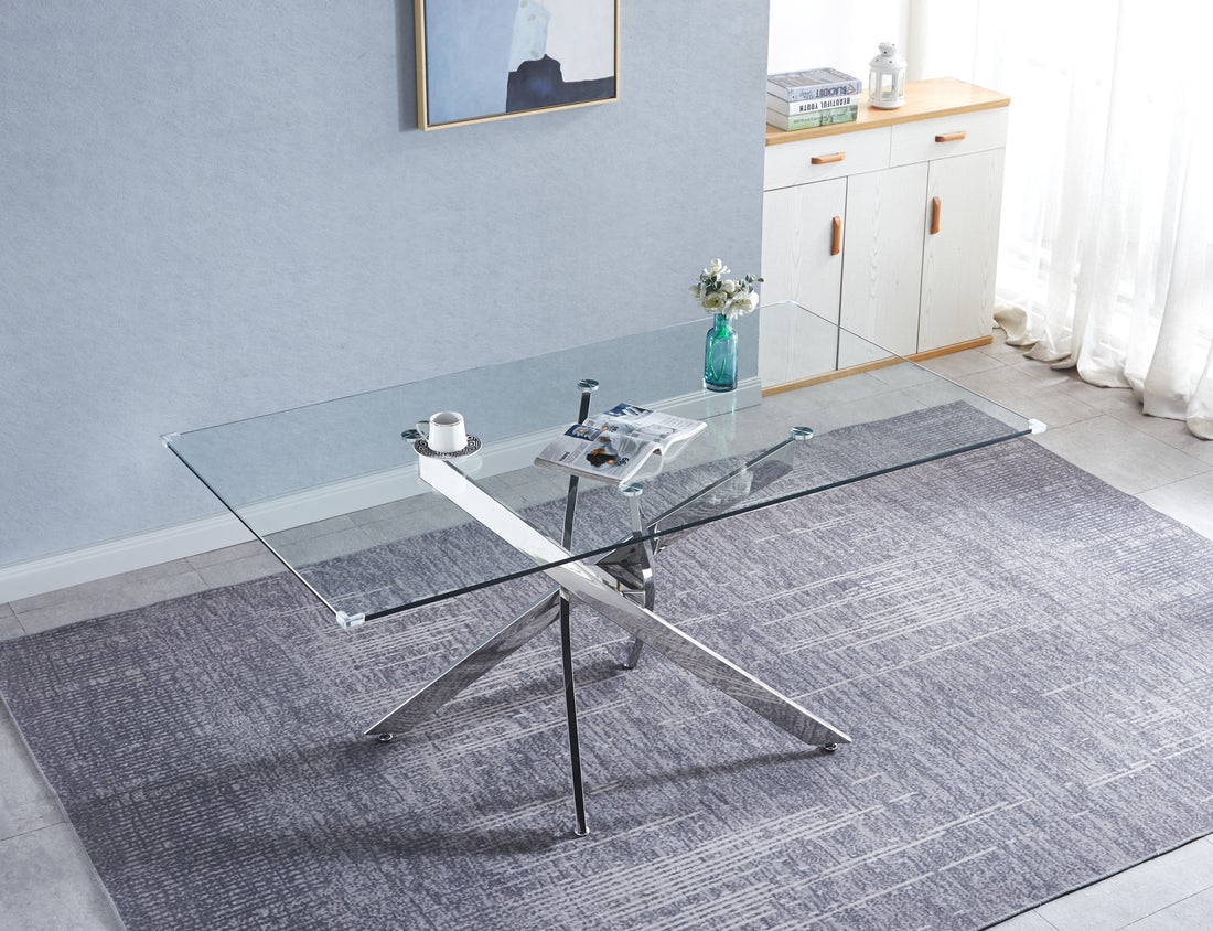 Rectangular Tempered Glass Dining Table, Modern Dining Room Interior Design, For 6 People Silver Glass
