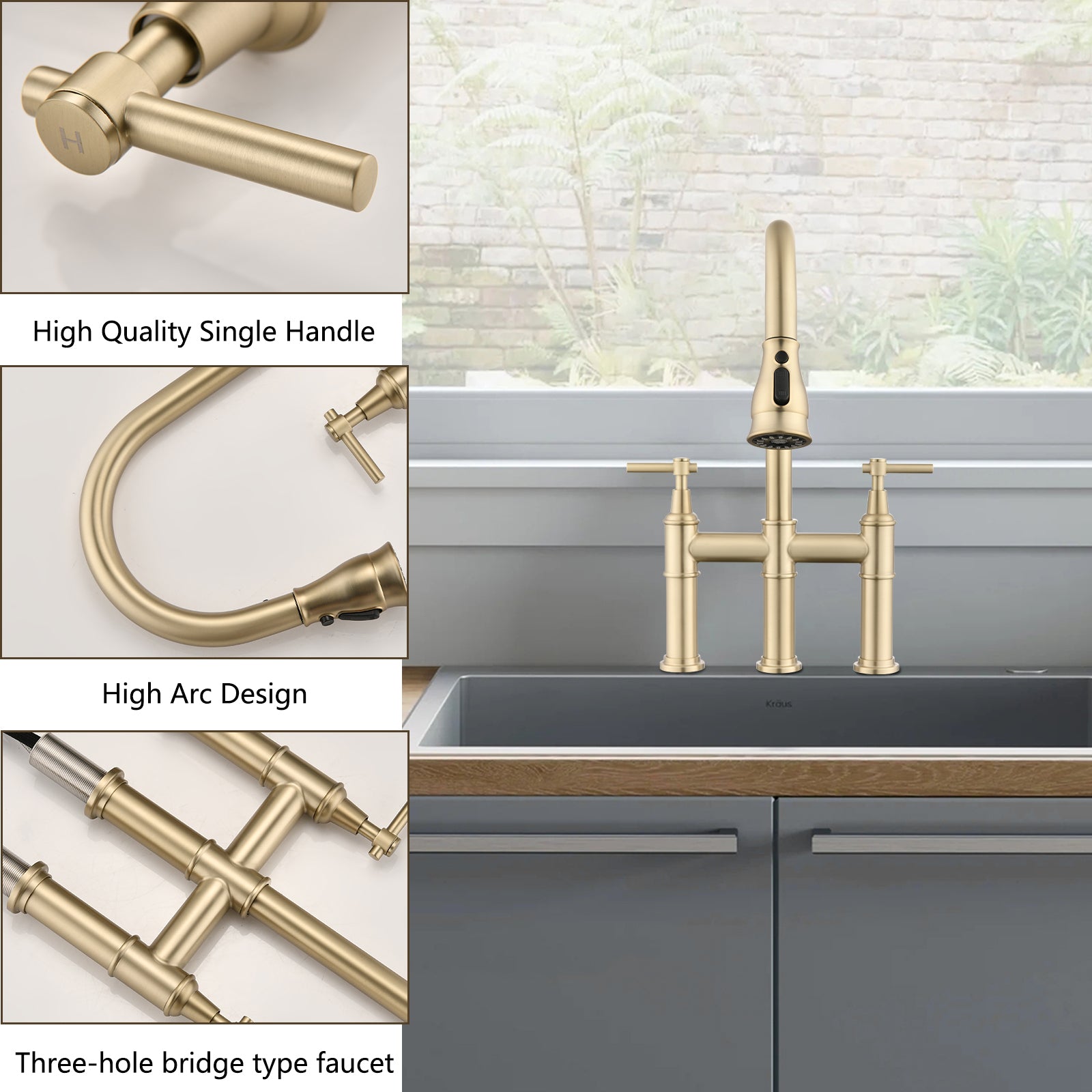 Double Handle Bridge Kitchen Faucet With Pull Down Spray Head Brushed Gold Stainless Steel