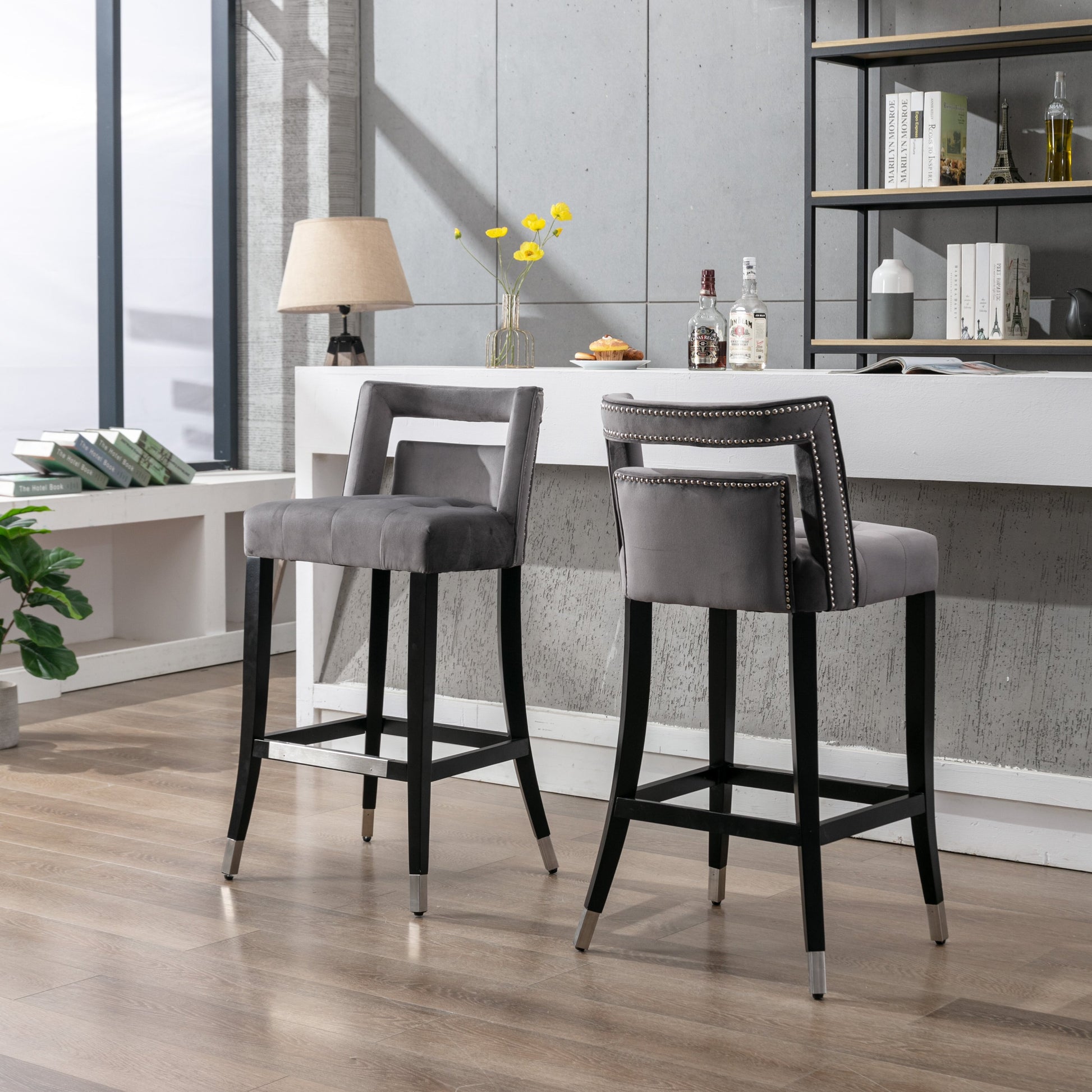 Suede Velvet Barstool With S Dining Room Chair2 Pcs Set 30 Inch Seater Height Grey Foam Fabric