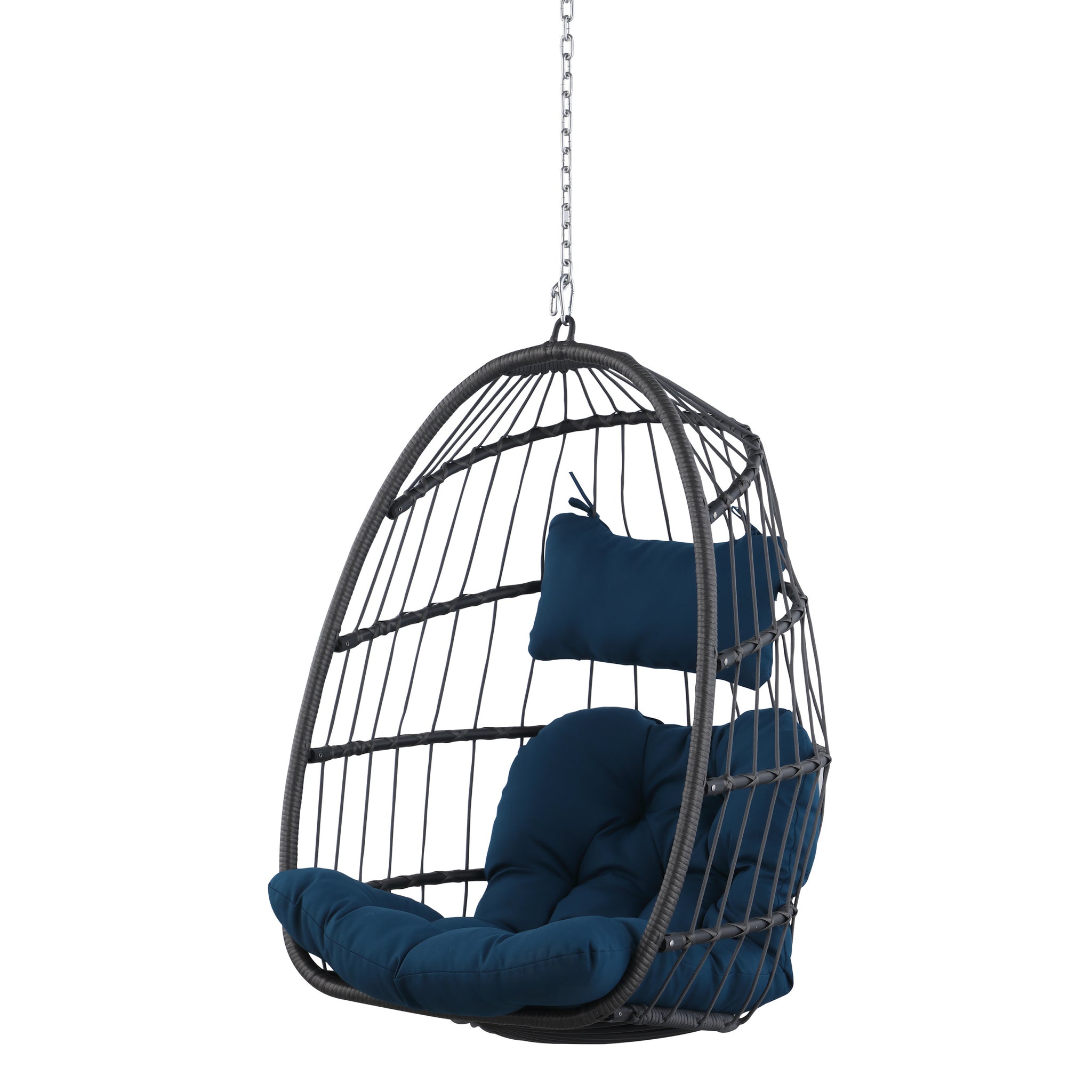 Outdoor Wicker Rattan Swing Chair Hammock Chair Hanging Chair With Aluminum Frame And Dark Blue Cushion Without Stand 265Lbs Capacity Dark Gray Aluminium