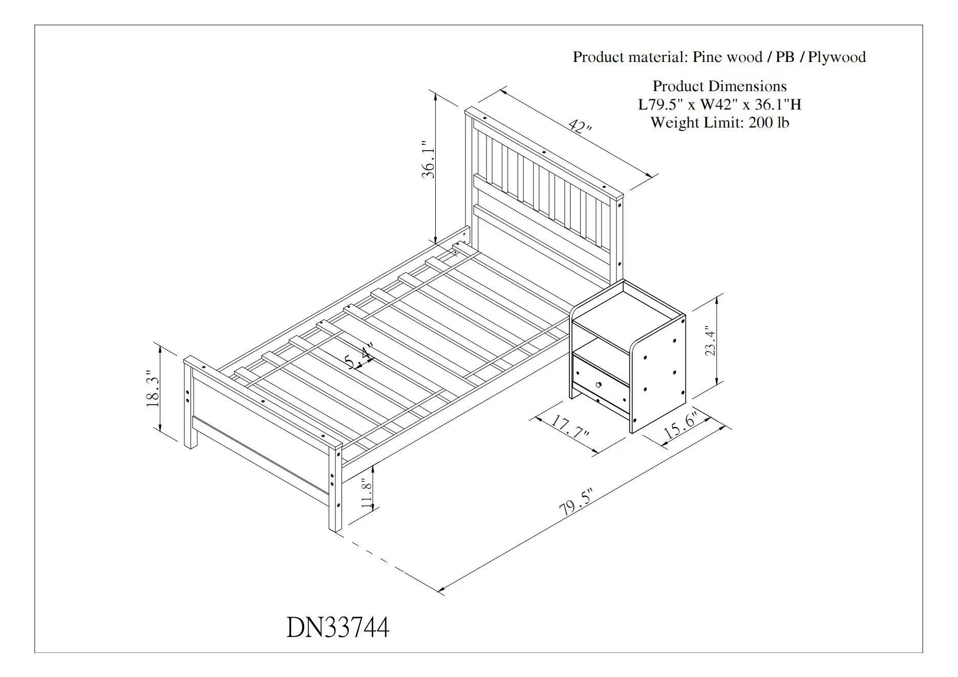 Twin Bed With Headboard And Footboard For Kids, Teens, Adults,With A Nightstand,Grey Twin Grey Pine