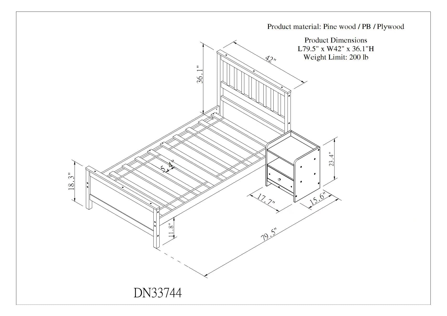 Twin Bed With Headboard And Footboard For Kids, Teens, Adults,With A Nightstand,Wite White Pine