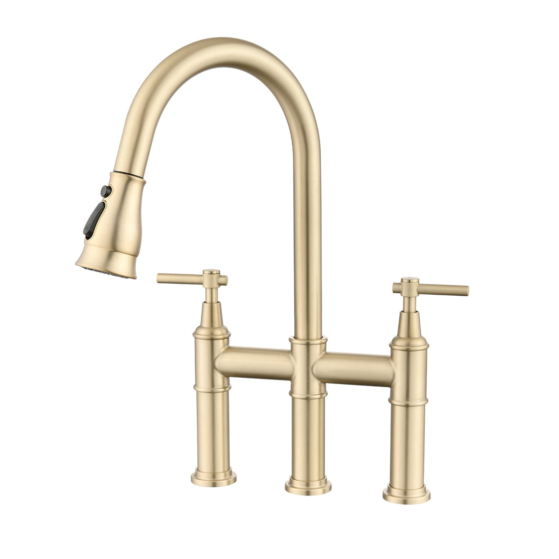 Double Handle Bridge Kitchen Faucet With Pull Down Spray Head Brushed Gold Stainless Steel