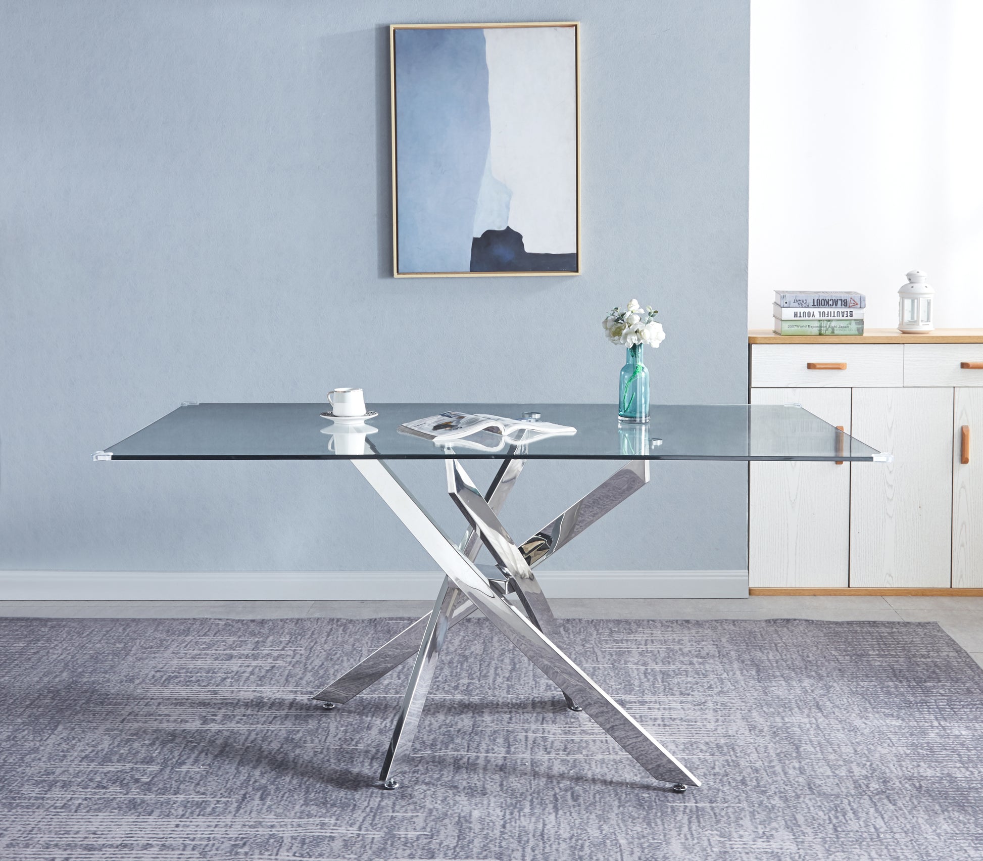 Rectangular Tempered Glass Dining Table, Modern Dining Room Interior Design, For 6 People Silver Glass