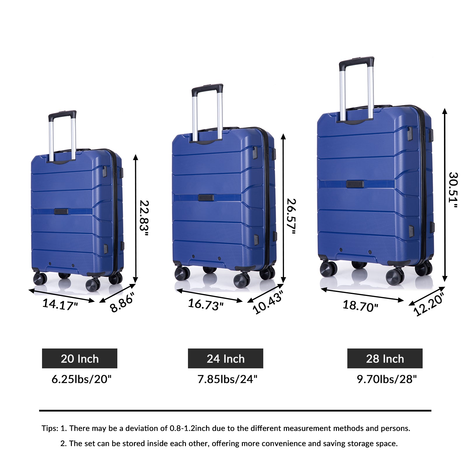 Hardshell Suitcase Spinner Wheels Pp Luggage Sets Lightweight Suitcase With Tsa Lock,3 Piece Set 20 24 28 ,Navy Navy Polypropylene