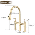 Double Handle Bridge Kitchen Faucet With Pull Down Spray Head Brushed Gold Stainless Steel