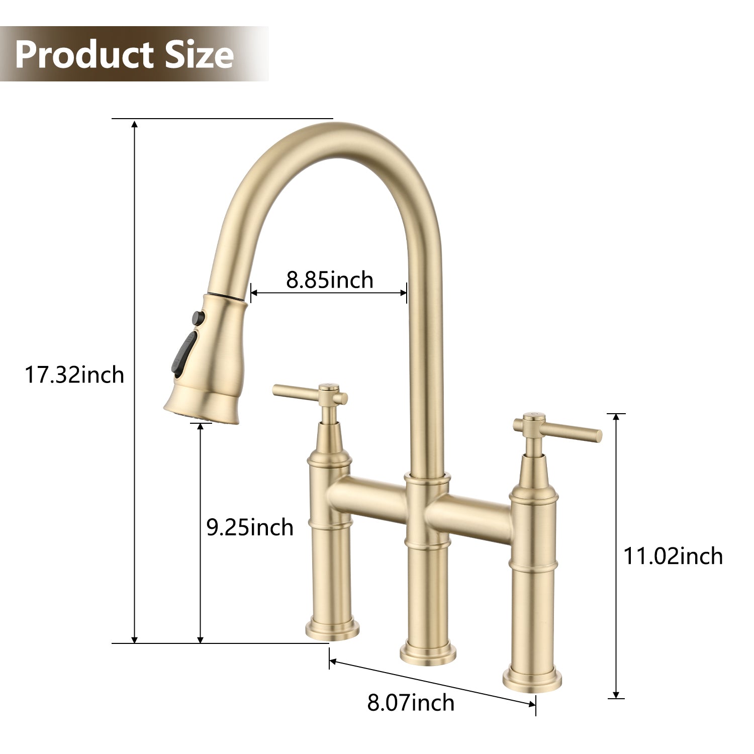 Double Handle Bridge Kitchen Faucet With Pull Down Spray Head Brushed Gold Stainless Steel