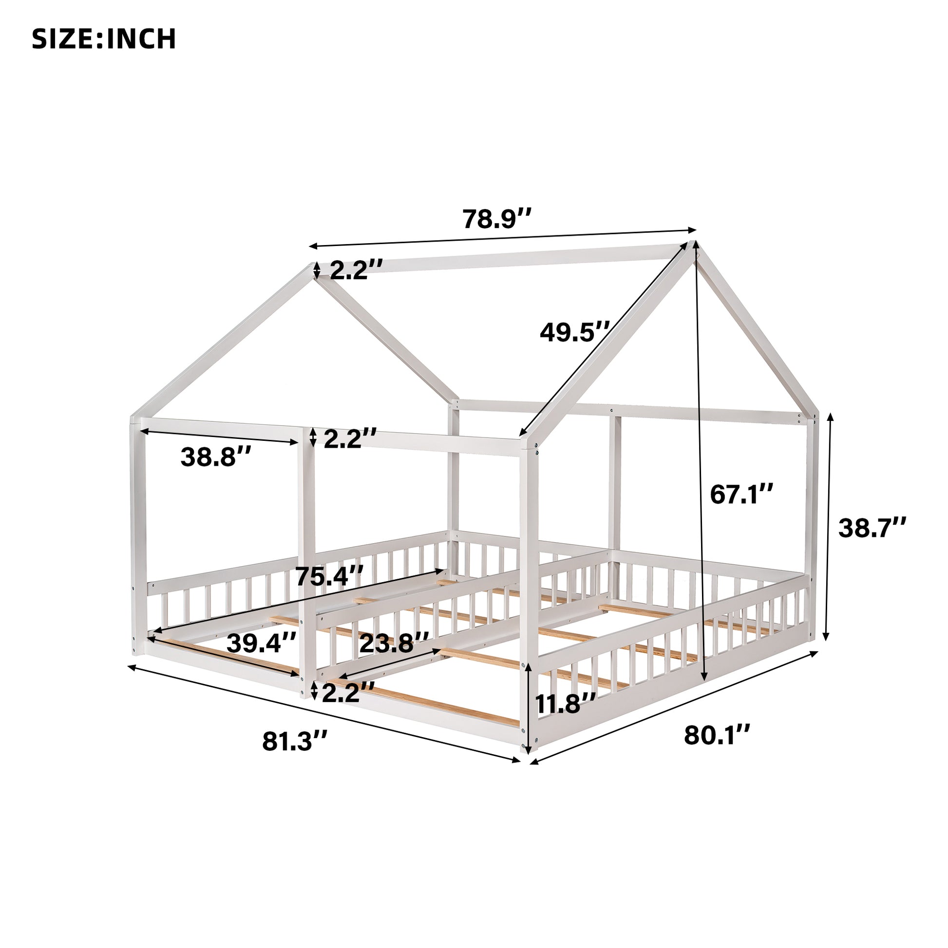 Twin Size House Platform Beds,Two Shared Beds, White White Pine