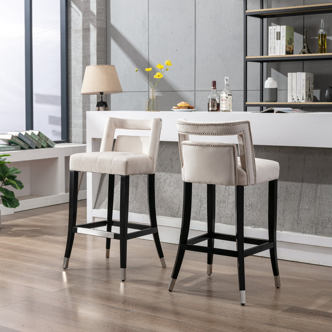 Suede Velvet Barstool With S Dining Room Chair2 Pcs Set 30 Inch Seater Height Cream Foam Fabric