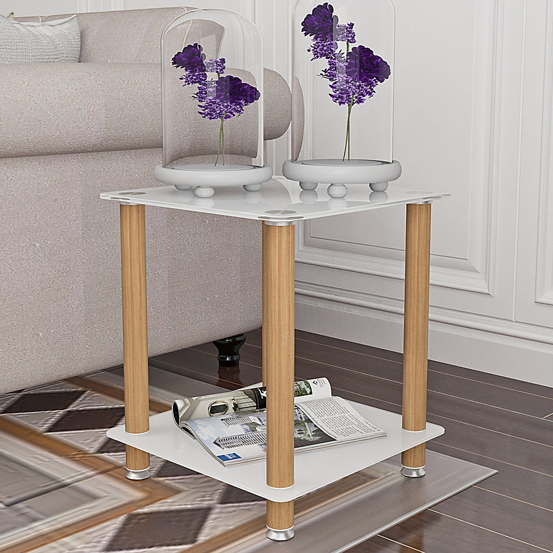 2 Piece White Oak Side Table2 Tier Space End Table ,Modern Night Stand, Sofa Table, Side Table With Storage Shelve White Glass