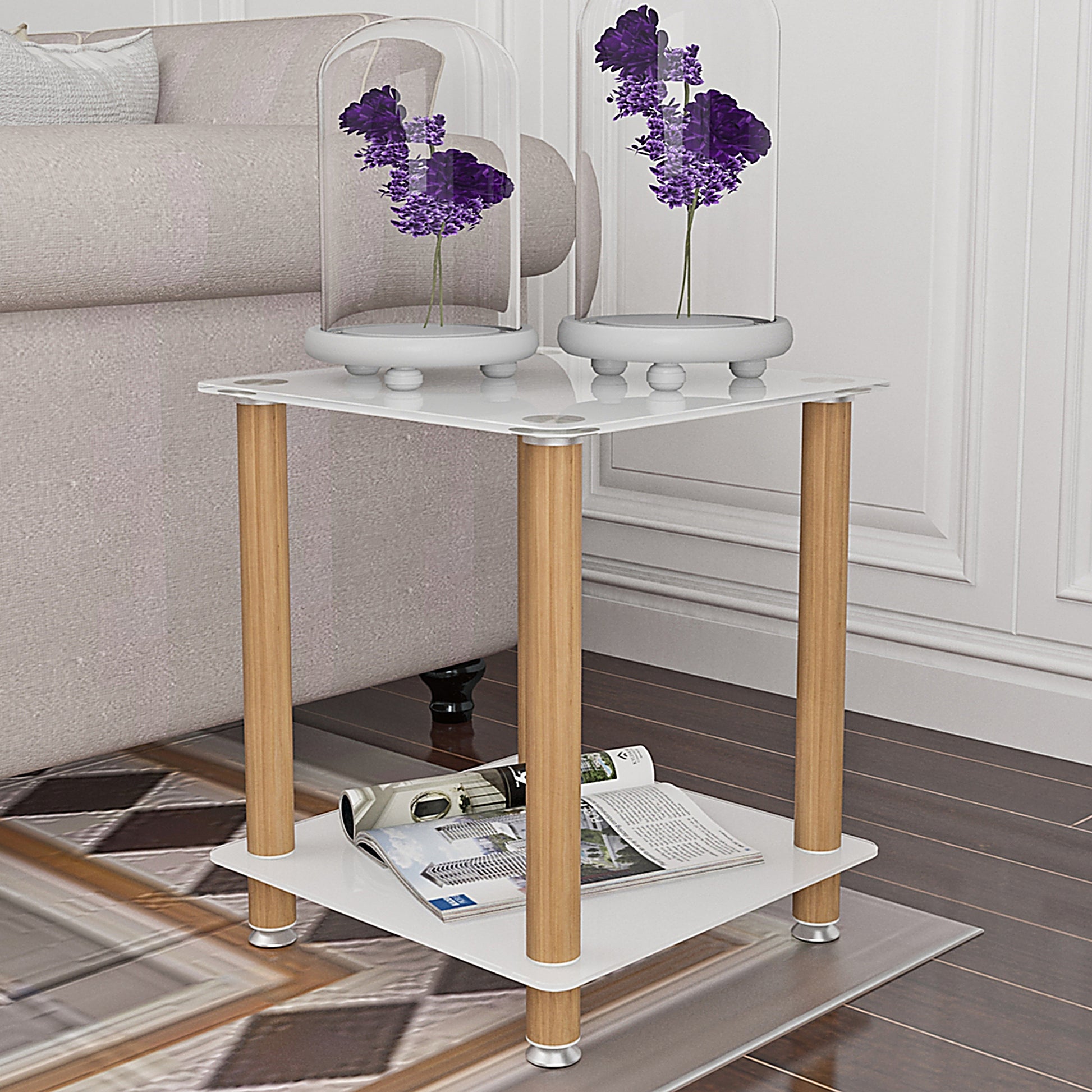 2 Piece White Oak Side Table2 Tier Space End Table ,Modern Night Stand, Sofa Table, Side Table With Storage Shelve White Glass
