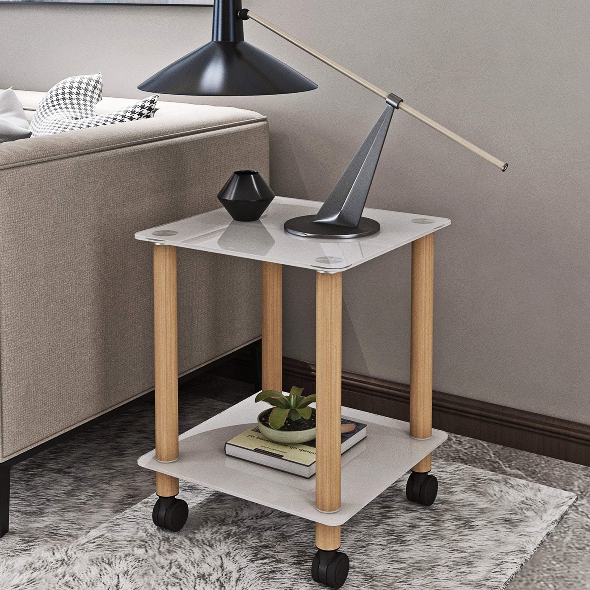 2 Piece White Oak Side Table2 Tier Space End Table ,Modern Night Stand, Sofa Table, Side Table With Storage Shelve White Glass
