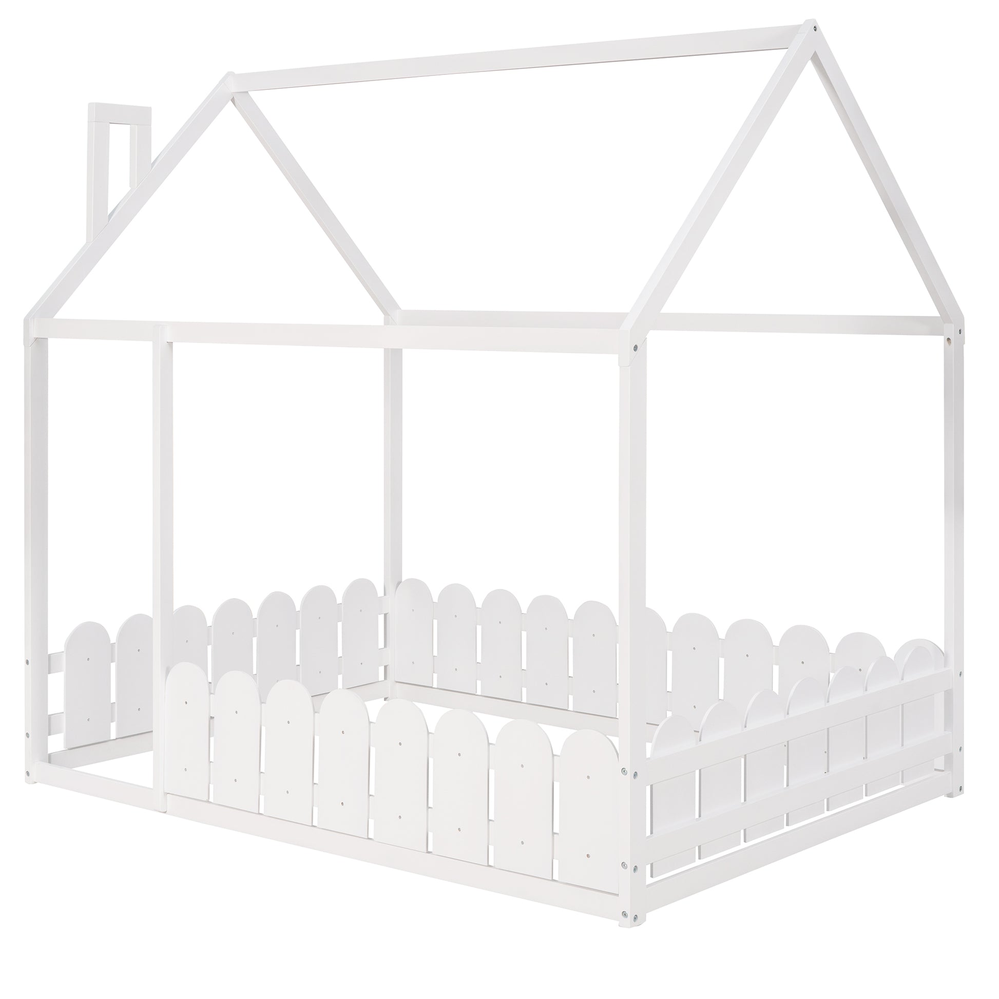 Slats Are Not Included Full Size Wood Bed House Bed Frame With Fence,For Kids,Teens,Girls,Boys White Old Sku:Wf281294Aak White Solid Wood