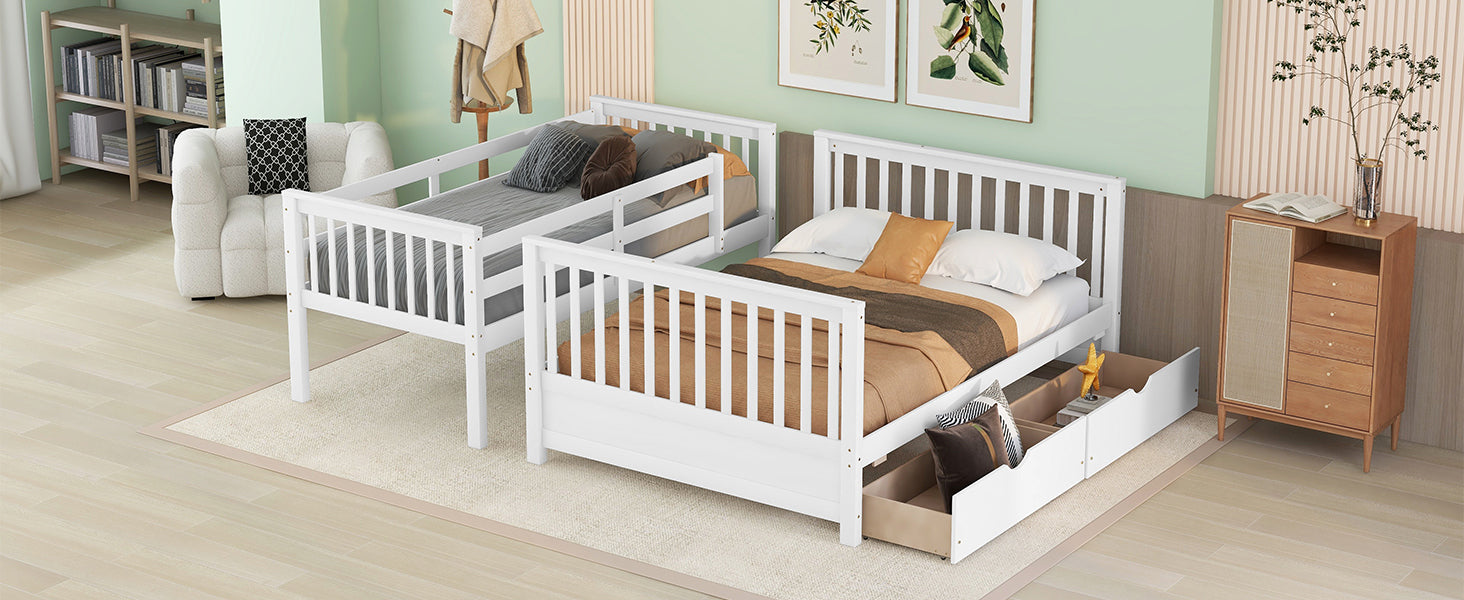 Twin Over Full Bunk Bed With Ladders And Two Storage Drawers White Old Sku:Lt000165Aak Twin White Solid Wood