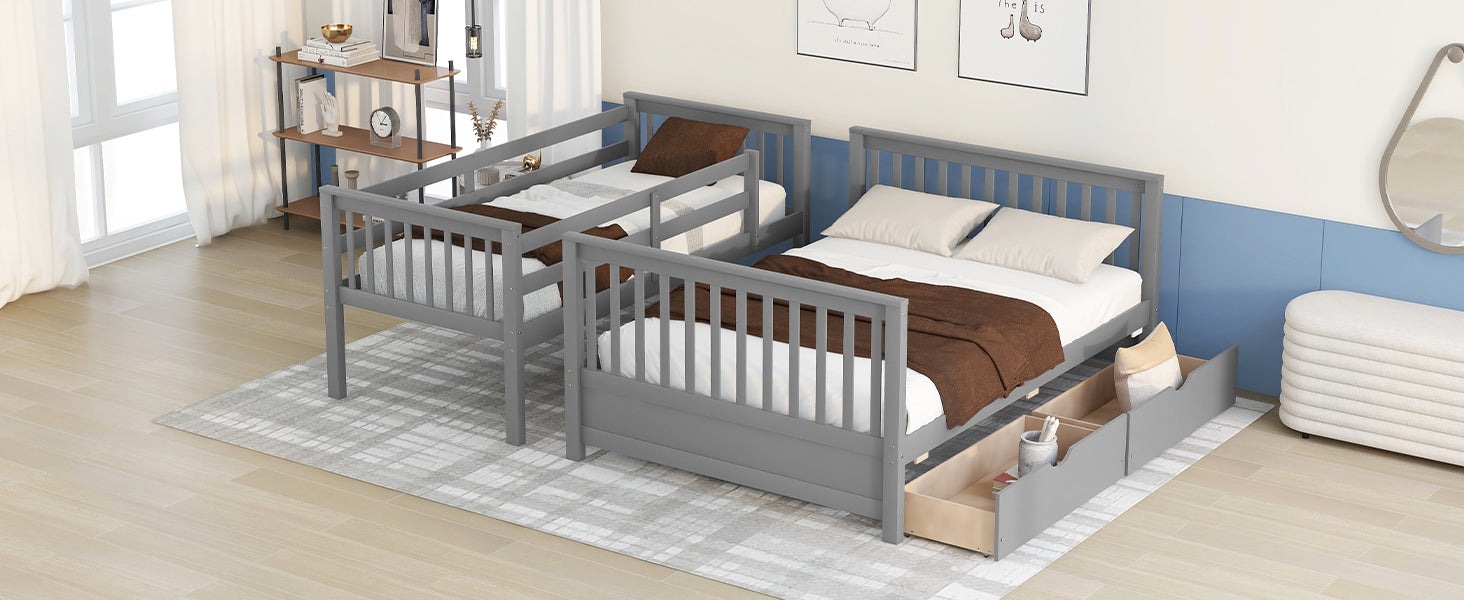 Twin Over Full Bunk Bed With Ladders And Two Storage Drawers Gray Old Sku:Lt000165Aae Twin Gray Solid Wood