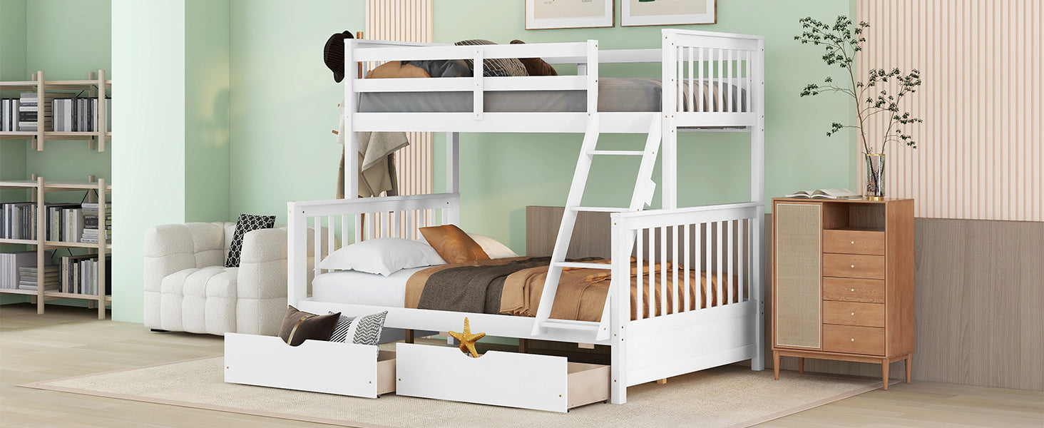 Twin Over Full Bunk Bed With Ladders And Two Storage Drawers White Old Sku:Lt000165Aak Twin White Solid Wood