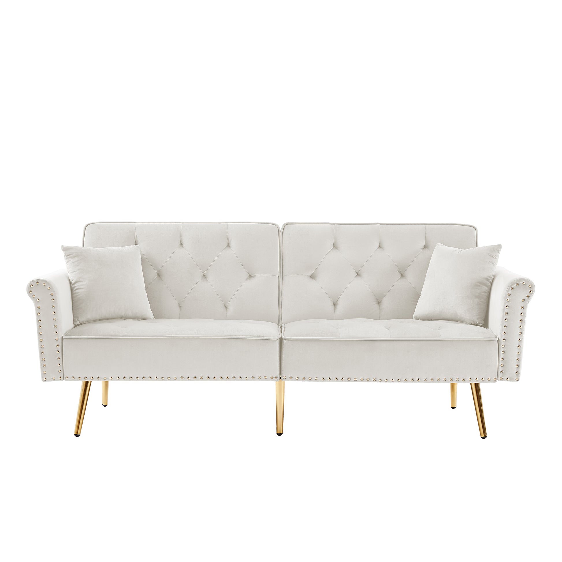 Beige Velvet Tufted Sofa Couch With 2 Pillows And Trim Beige Foam Velvet 2 Seat