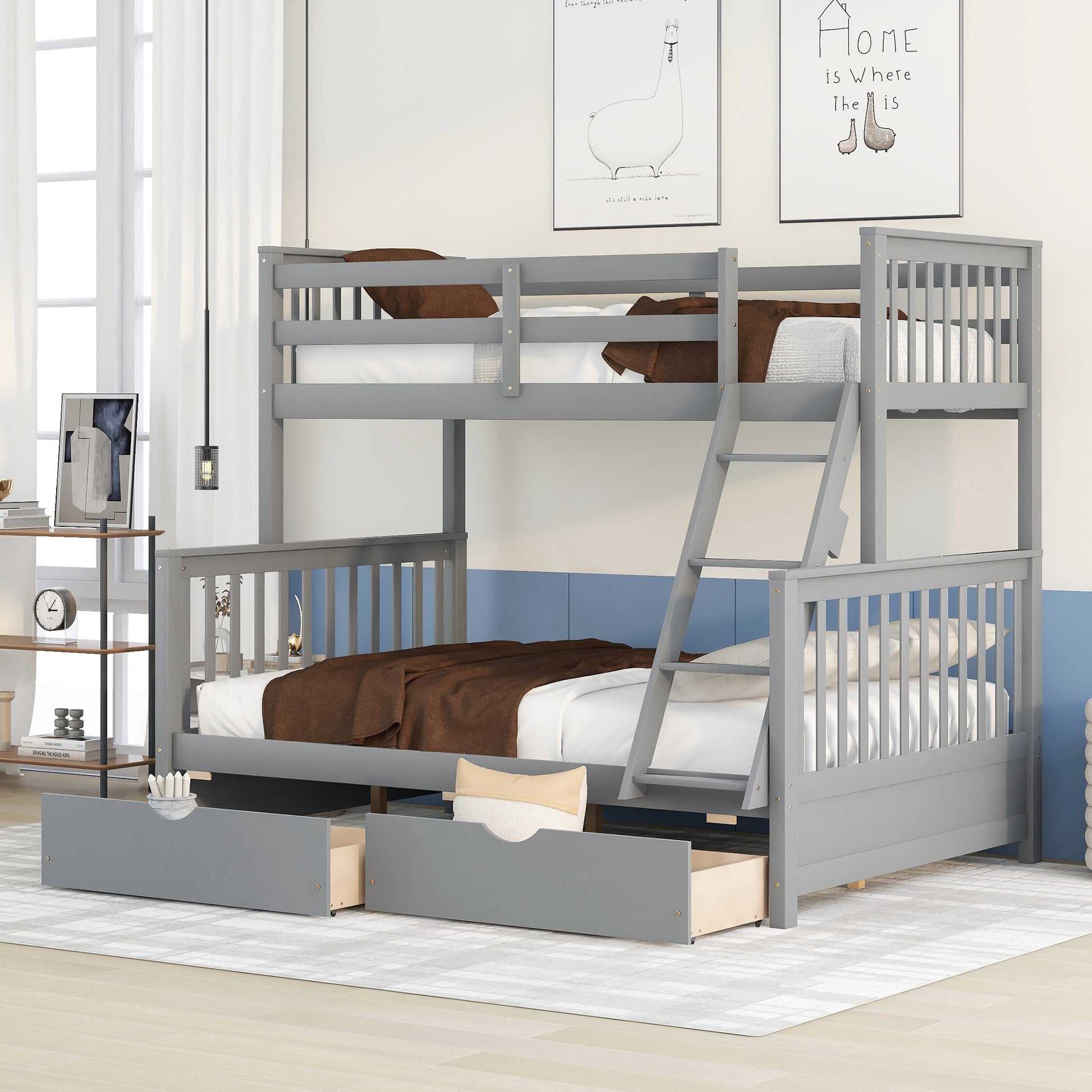 Twin Over Full Bunk Bed With Ladders And Two Storage Drawers Gray Old Sku:Lt000165Aae Twin Gray Solid Wood