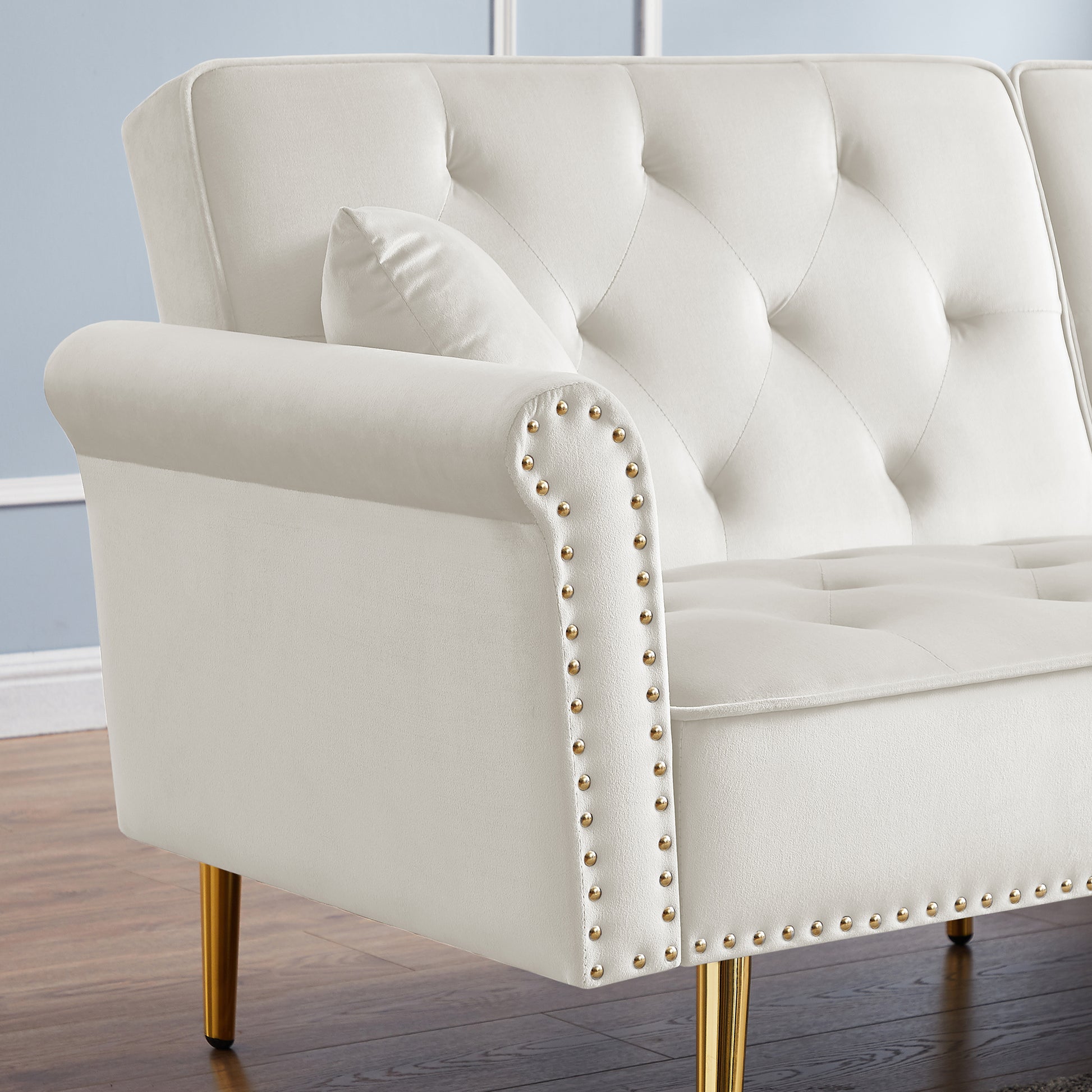 Beige Velvet Tufted Sofa Couch With 2 Pillows And Trim Beige Foam Velvet 2 Seat