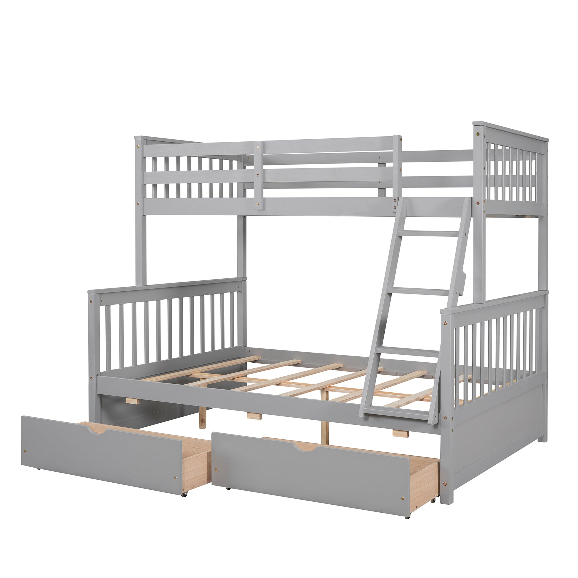 Twin Over Full Bunk Bed With Ladders And Two Storage Drawers Gray Old Sku:Lt000165Aae Twin Gray Solid Wood