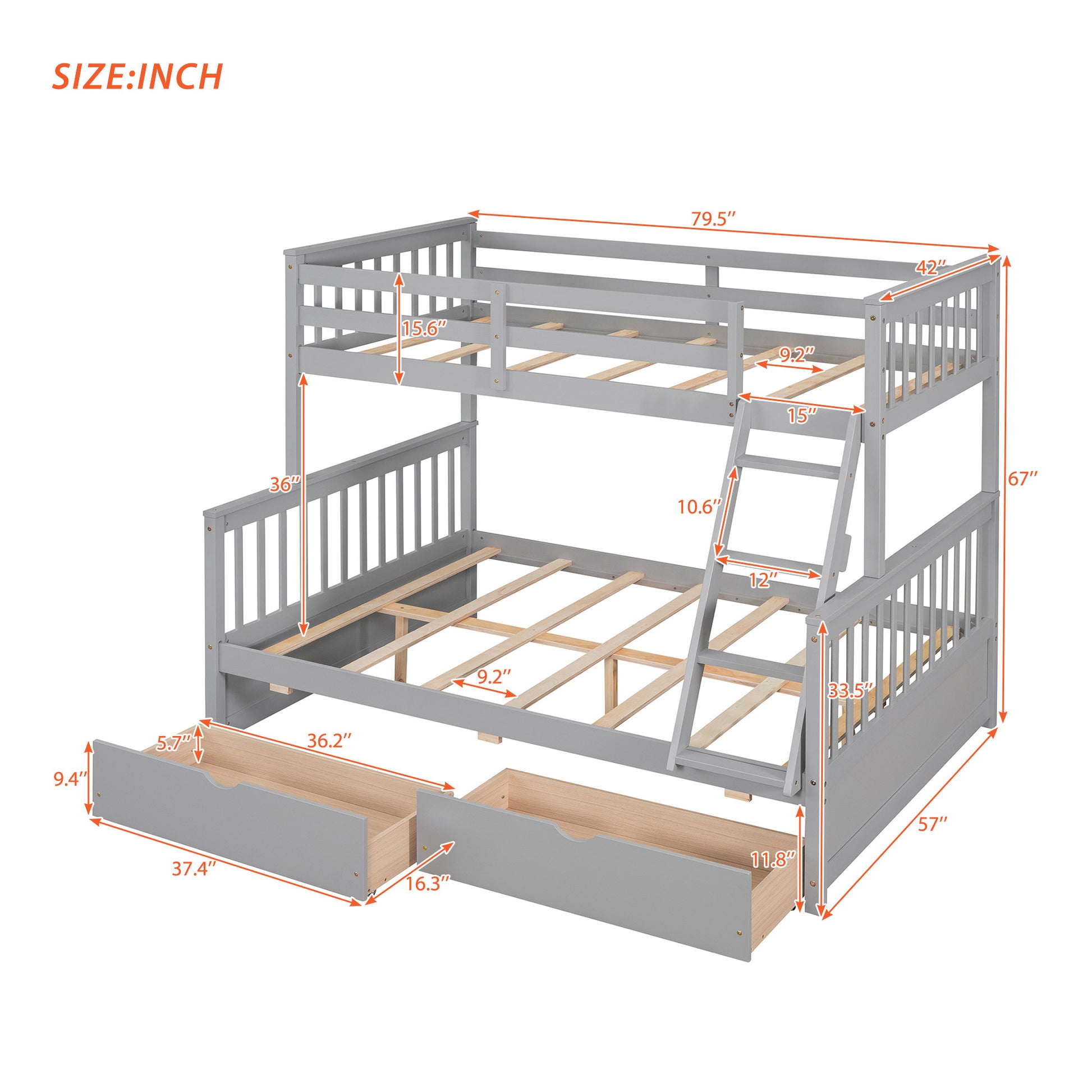 Twin Over Full Bunk Bed With Ladders And Two Storage Drawers Gray Old Sku:Lt000165Aae Twin Gray Solid Wood