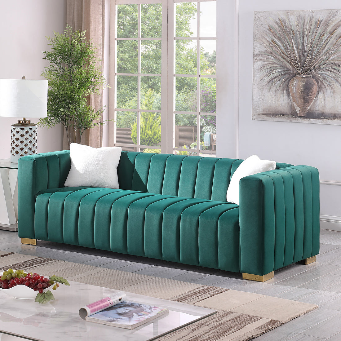 A Modern Channel Sofa Take On A Traditional Chesterfield,Dark Green Color,3 Seater Dark Green Velvet