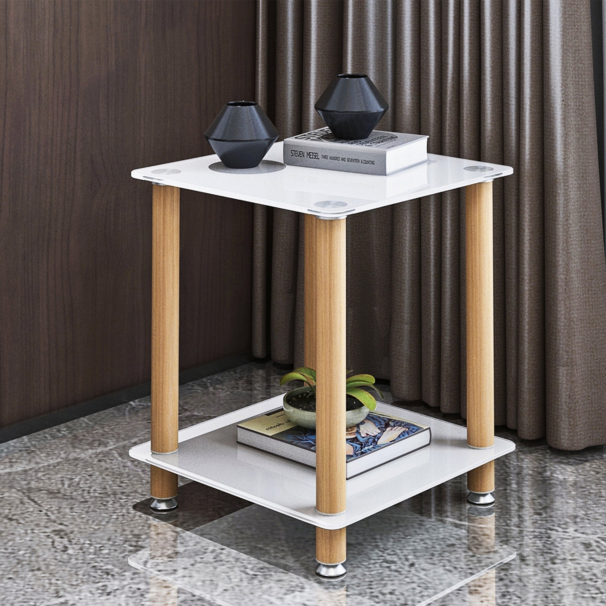 2 Piece White Oak Side Table2 Tier Space End Table ,Modern Night Stand, Sofa Table, Side Table With Storage Shelve White Glass