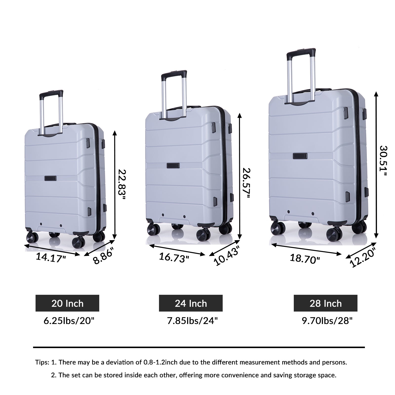 Hardshell Suitcase Spinner Wheels Pp Luggage Sets Lightweight Suitcase With Tsa Lock,3 Piece Set 20 24 28 ,Silver Silver Polypropylene