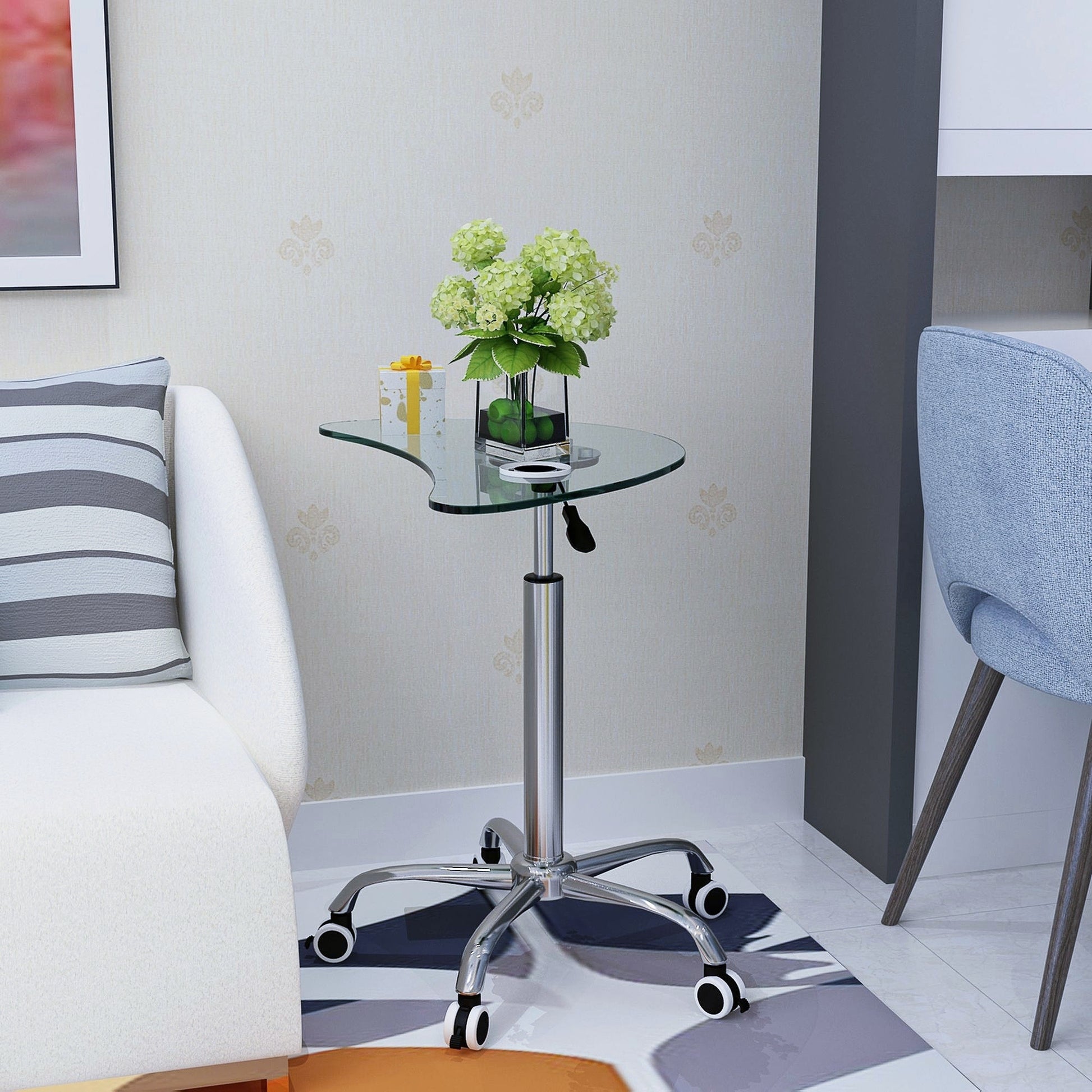 Adjustable Height Transparent Tempered Glass Table Desk Table With Lockable Wheels Adjustable Range 24.2 " 32.7 " Transparent Glass
