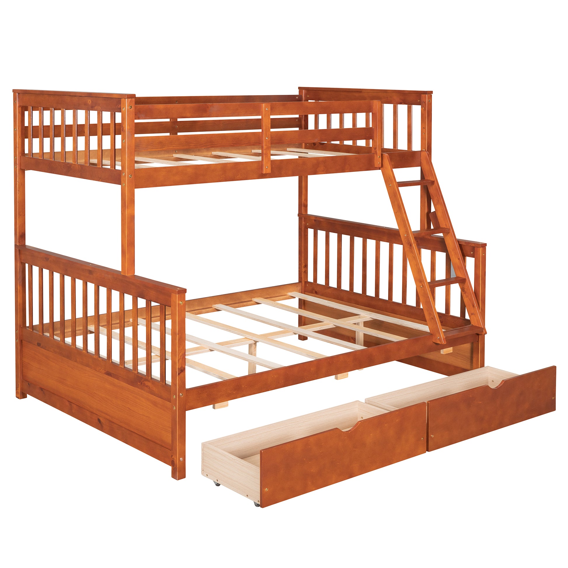 Twin Over Full Bunk Bed With Ladders And Two Storage Drawers Walnut Old Sku:Lt000165Aad Twin Walnut Solid Wood