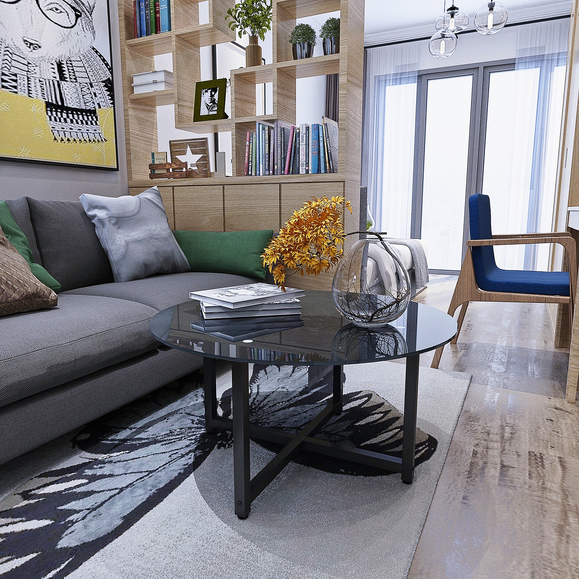 35.5'' Round Whole Black Coffee Table, Clear Coffee Table Modern Side Center Tables For Living Room Living Room Furniture Black Glass