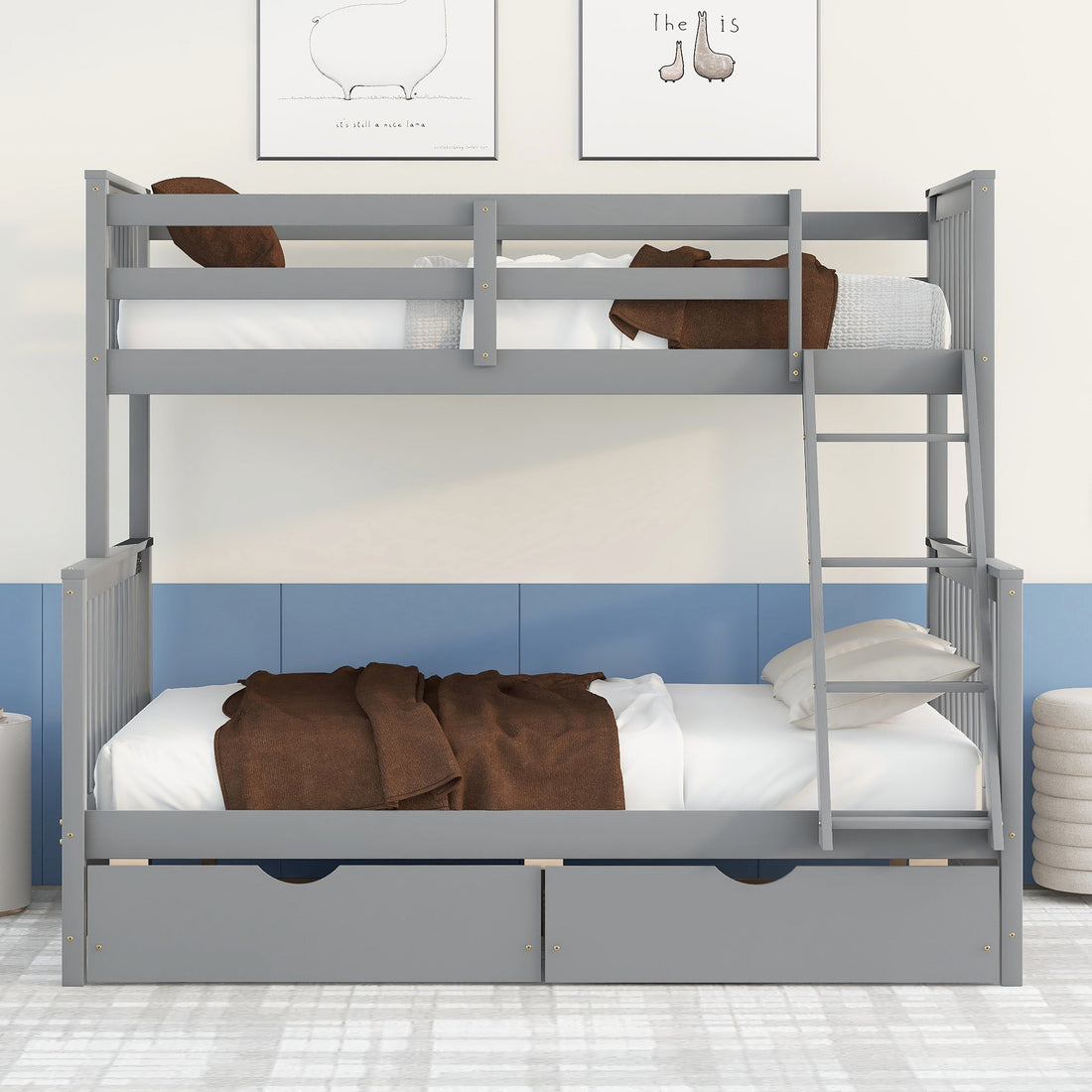 Twin Over Full Bunk Bed With Ladders And Two Storage Drawers Gray Old Sku:Lt000165Aae Twin Gray Solid Wood