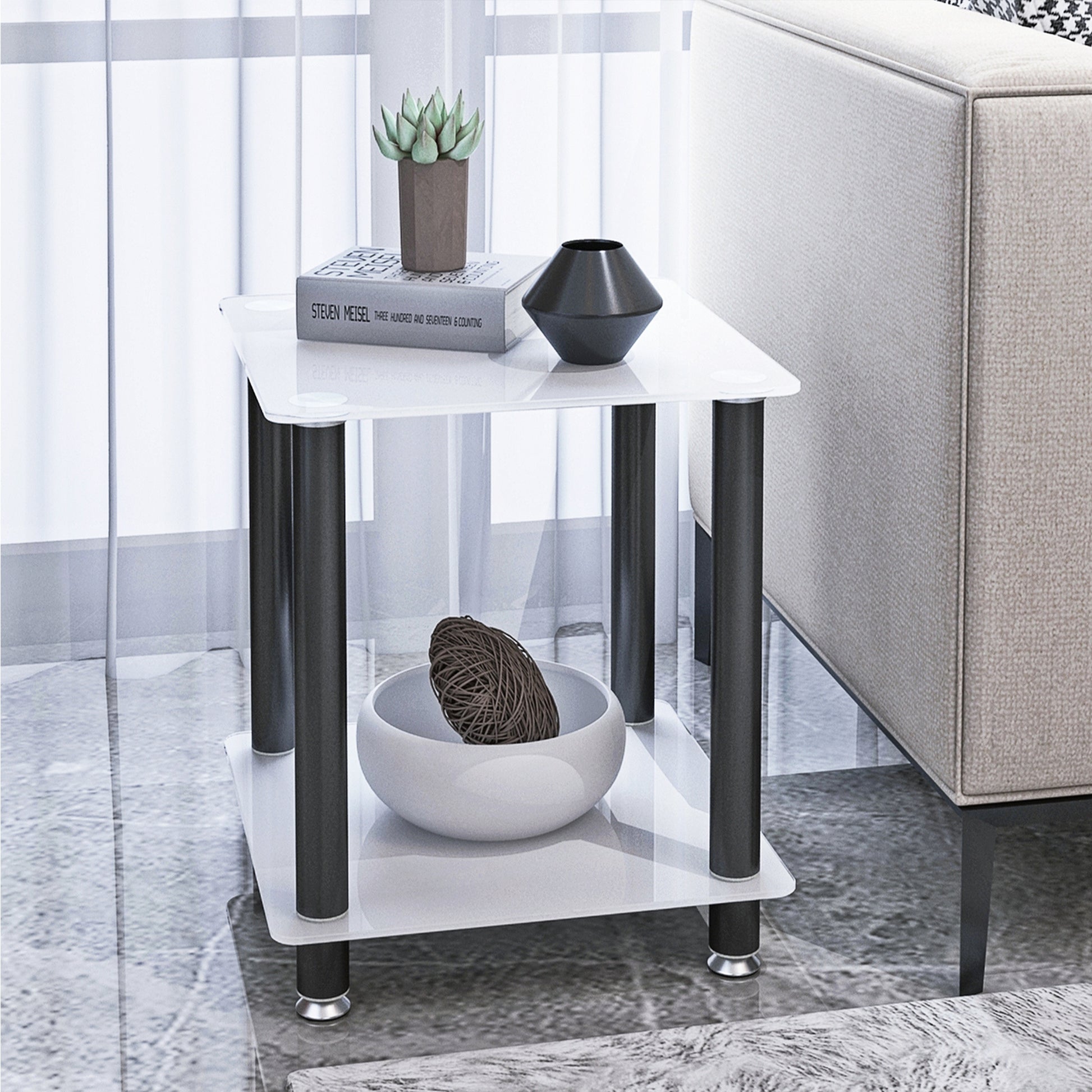 1 Piece White Black Side Table2 Tier Space End Table ,Modern Night Stand, Sofa Table, Side Table With Storage Shelve White Glass