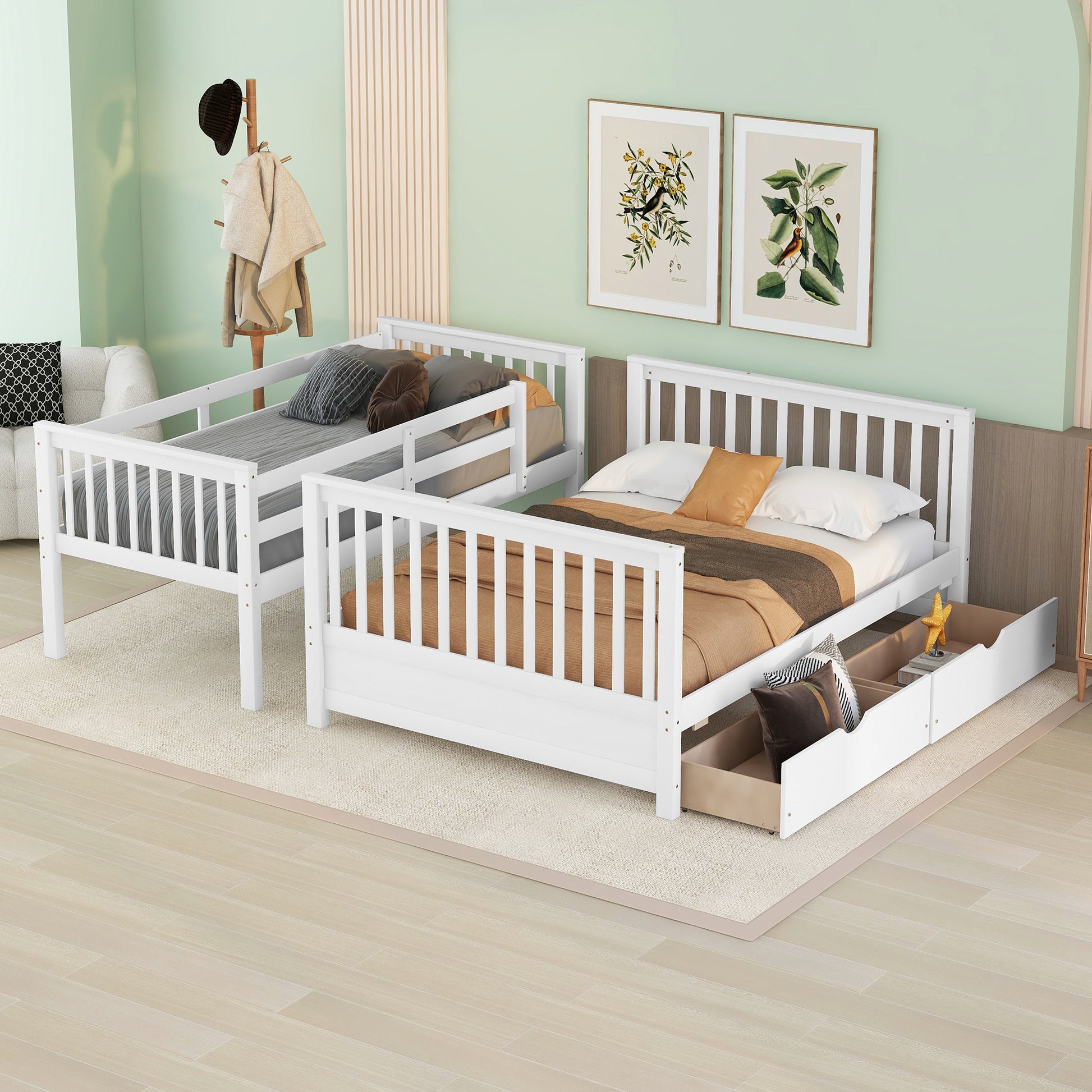 Twin Over Full Bunk Bed With Ladders And Two Storage Drawers White Old Sku:Lt000165Aak Twin White Solid Wood